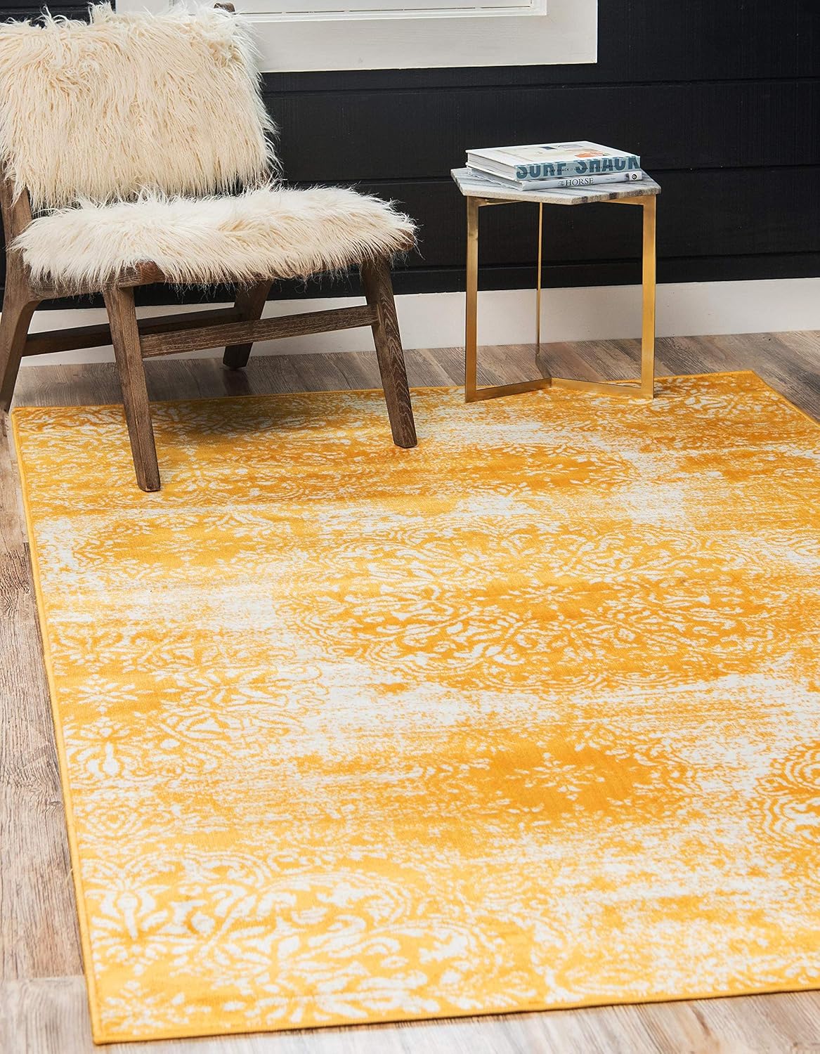 Yellow and Ivory Synthetic Low Pile Bohemian Area Rug