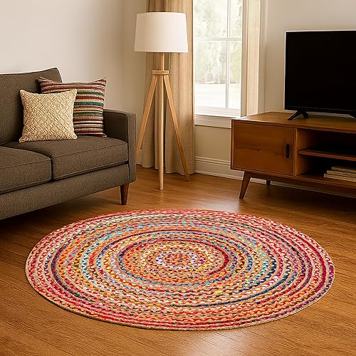 Miniatura 2 de Hausattire Alfombra trenzada bohemia redonda de 4 pies, multicolor, alfombra circular de yute de algodón para cocina, dormitorio de niños, sala de