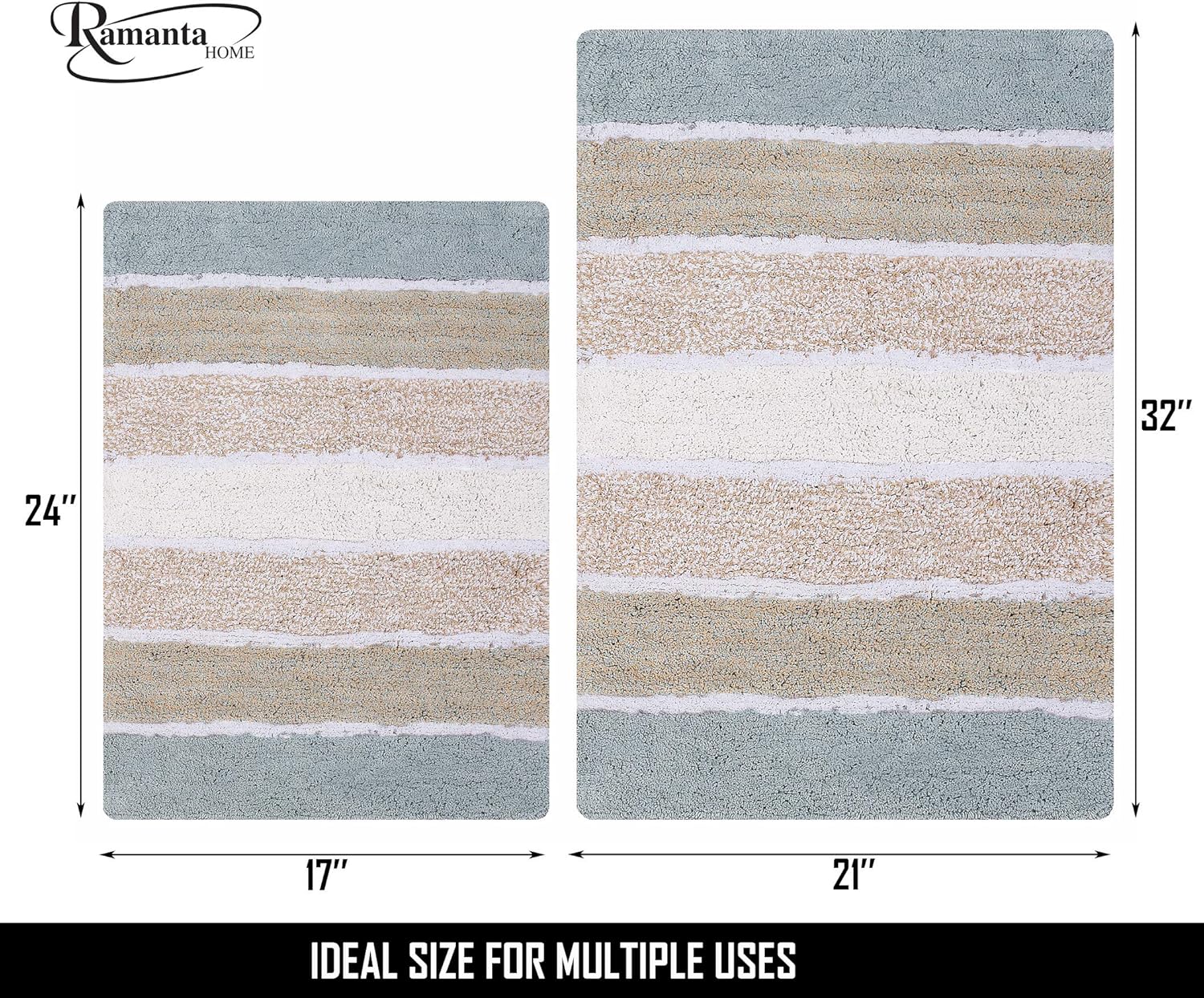 Ramanta Home Quilted Stripe 100% Cotton Bathroom Rug 2 Piece Set - Grey Beige, Anti Skid Super Soft Absorbent Bath Rug for Bathroom, Kitchen, Shower, Machine Washable - 21x32 & 17x24 Inch