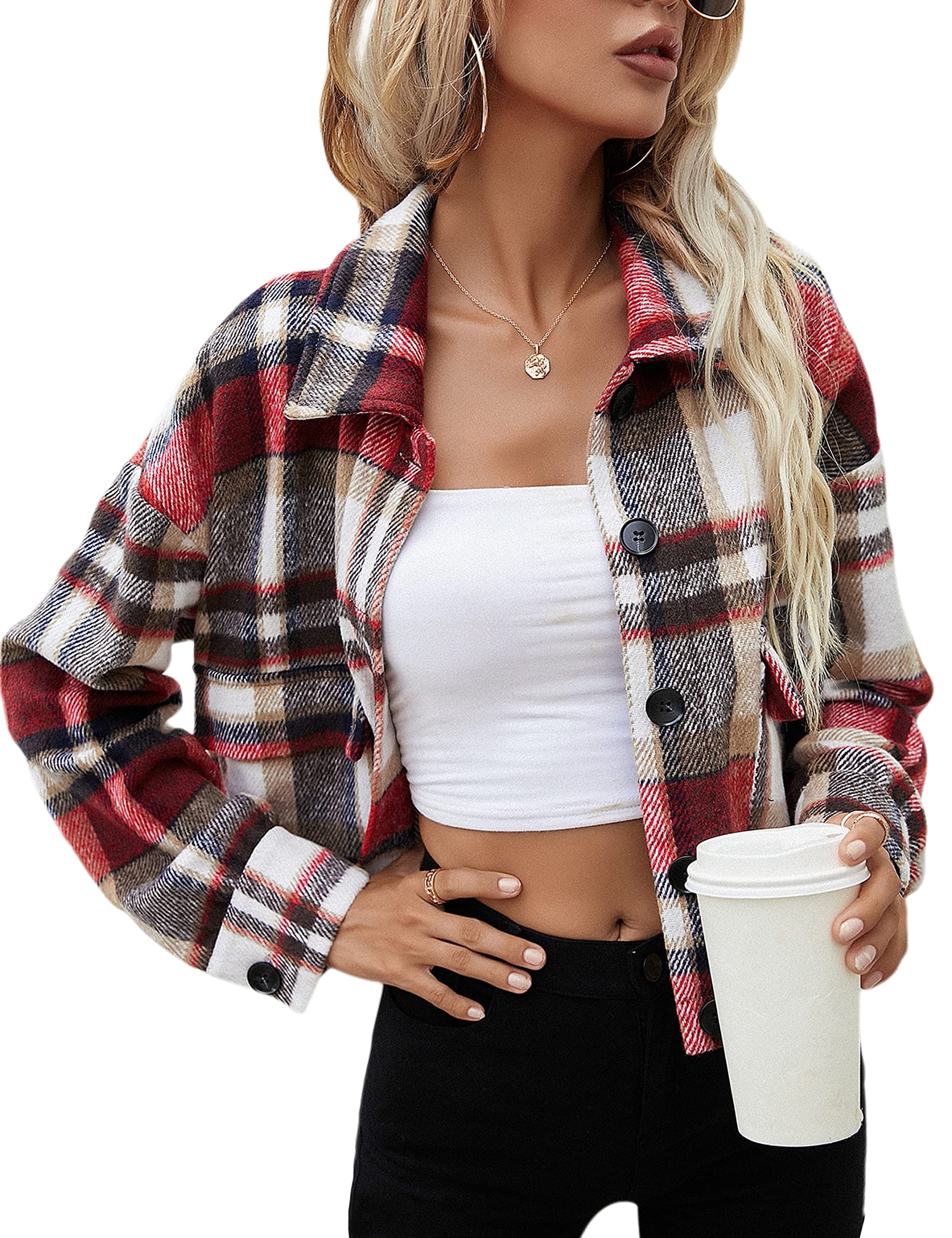 UaneoWomens Cropped Plaid Shacket Button Down Short Flannel Shirt Jacket with Pockets