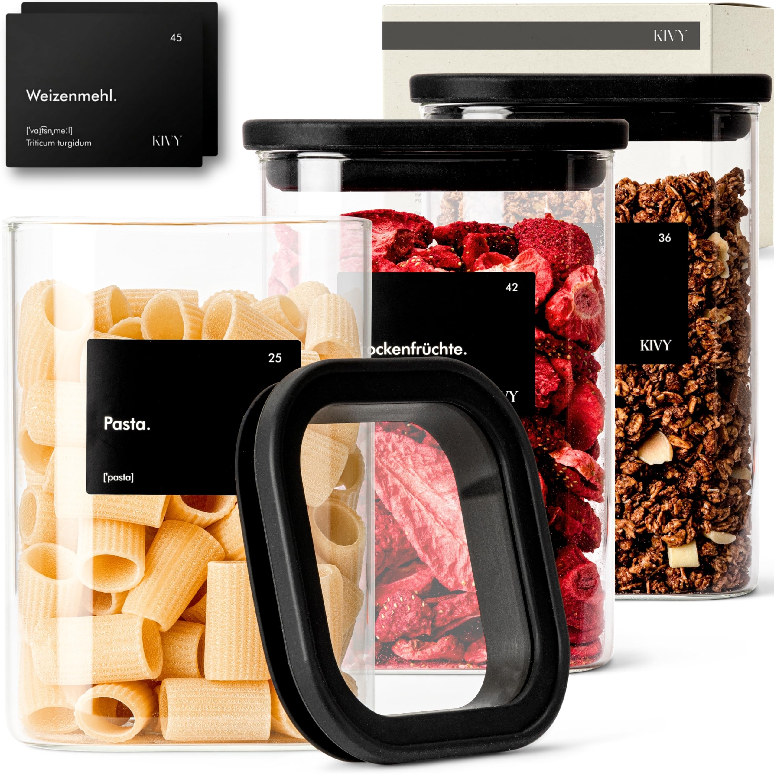 KIVY Vorratsgläser mit transparenten Glasdeckel [3x 1200ml] Luftdichte & Stapelbare Vorratsgläser mit Deckel Luftdicht - Vorratsdosen Glas mit Deckel - Vorratsglas mit Deckel - Aufbewahrungsgläser
