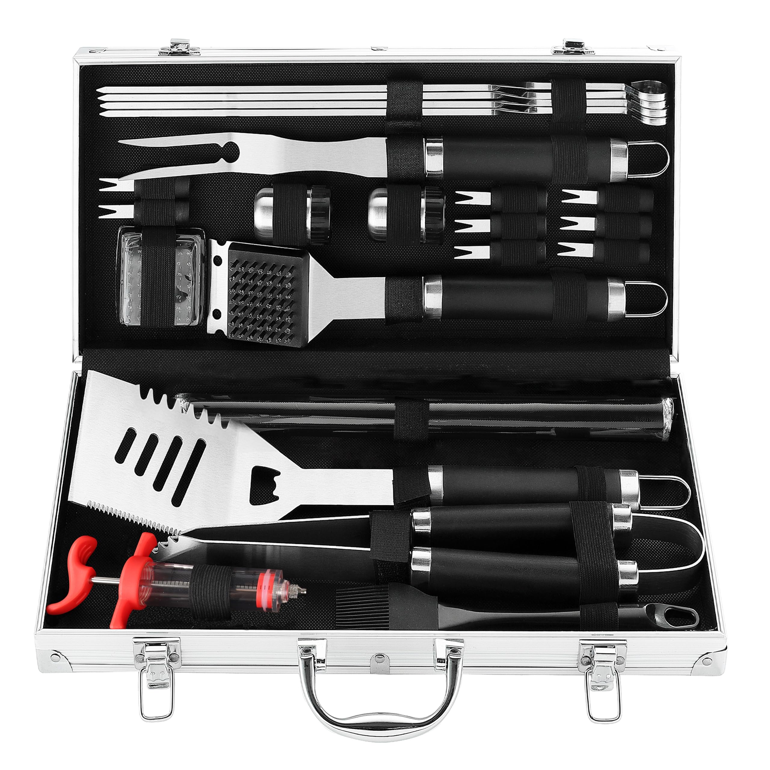 grilljoy 24PCS Stainless Steel BBQ Tool Set with Aluminum Case - Ideal Grill Tool Set Gift for Men Dad Husband - Father’s Day Birthday - Heavy Duty BBQ Accessories Kit with Heat-Resist Plastic Handle