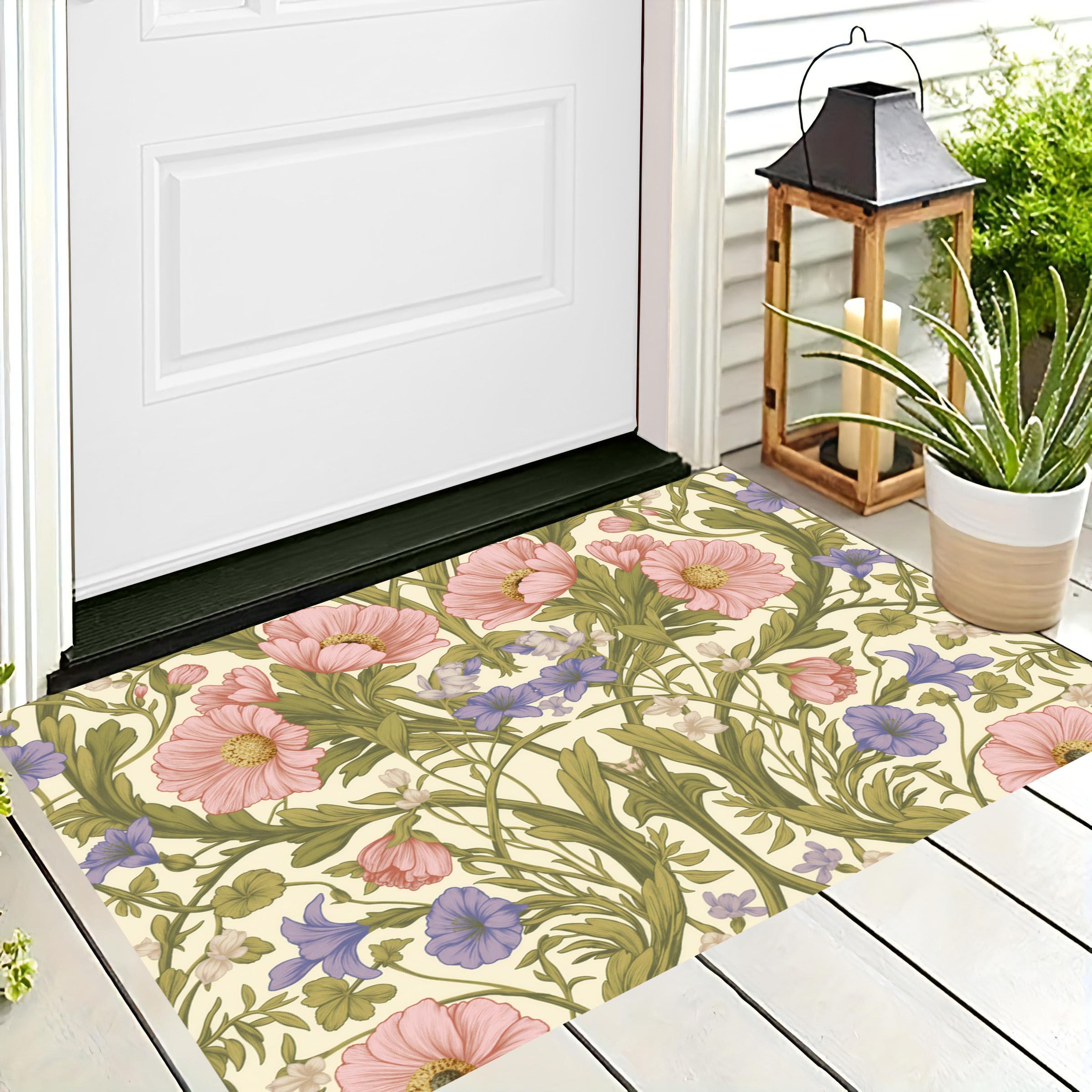 Tapis d'entrée antidérapant et lavable en machine style floral