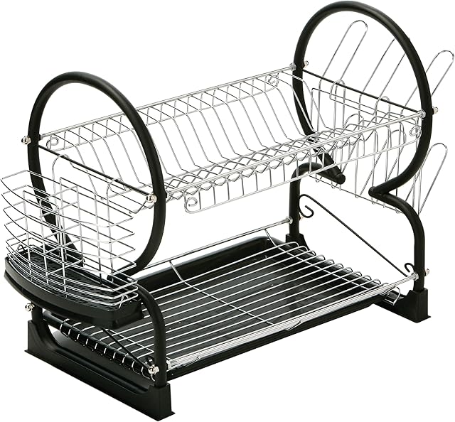 Premier Housewares Dish Drainer Rack 2 Tier Cutlery Drainers Chrome Kitchen Rack Draining Board Black Dish Rack Drainer With Tray 39 x 56 x 25