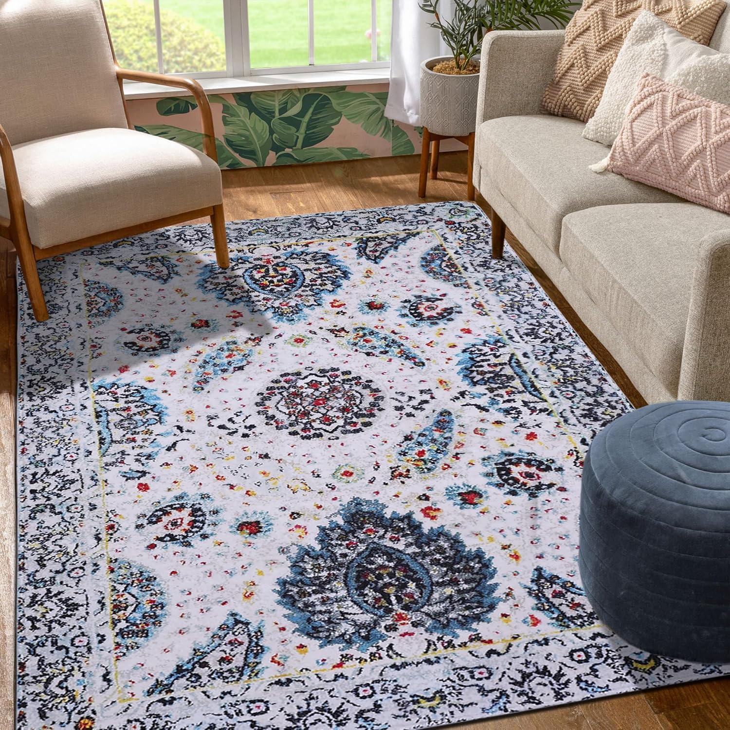 Area Rug Vintage Blue 4'x6' Indoor Accent Rugs, Non-Slip Printed Living Room Rug, Low-Pile Soft Room Mat, Washable Accent Entry Carpet for Indoor Bedroom Dining Playroom