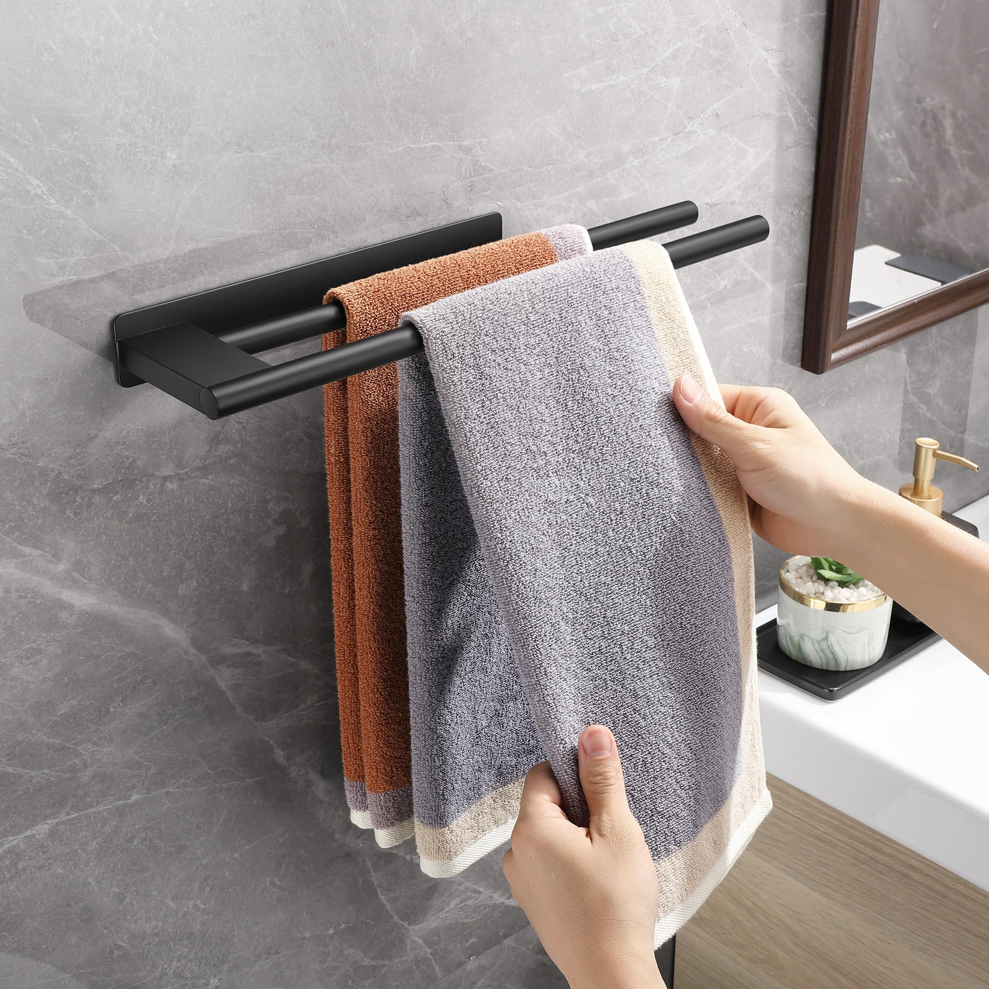 Porte Serviette Salle de Bain en Acier Inoxydable 304 Mat – Porte Serviette Mural Autocollant Double Barre 39 cm Noir – Porte-Serviettes sans Perçage pour Cuisine et Salle de Bain