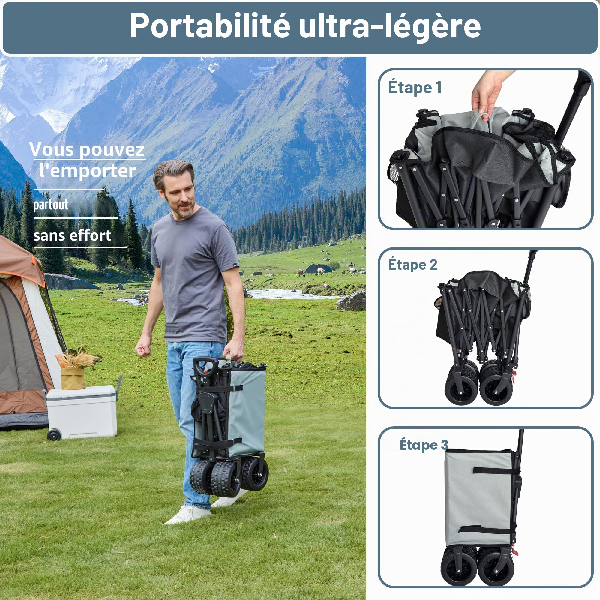 COMLAX FIELD Chariot Pliable 200L 200KG, Chariot Pliable avec Roues Larges, Chariot de Plage Pliable avec Freins, Charrette Noire