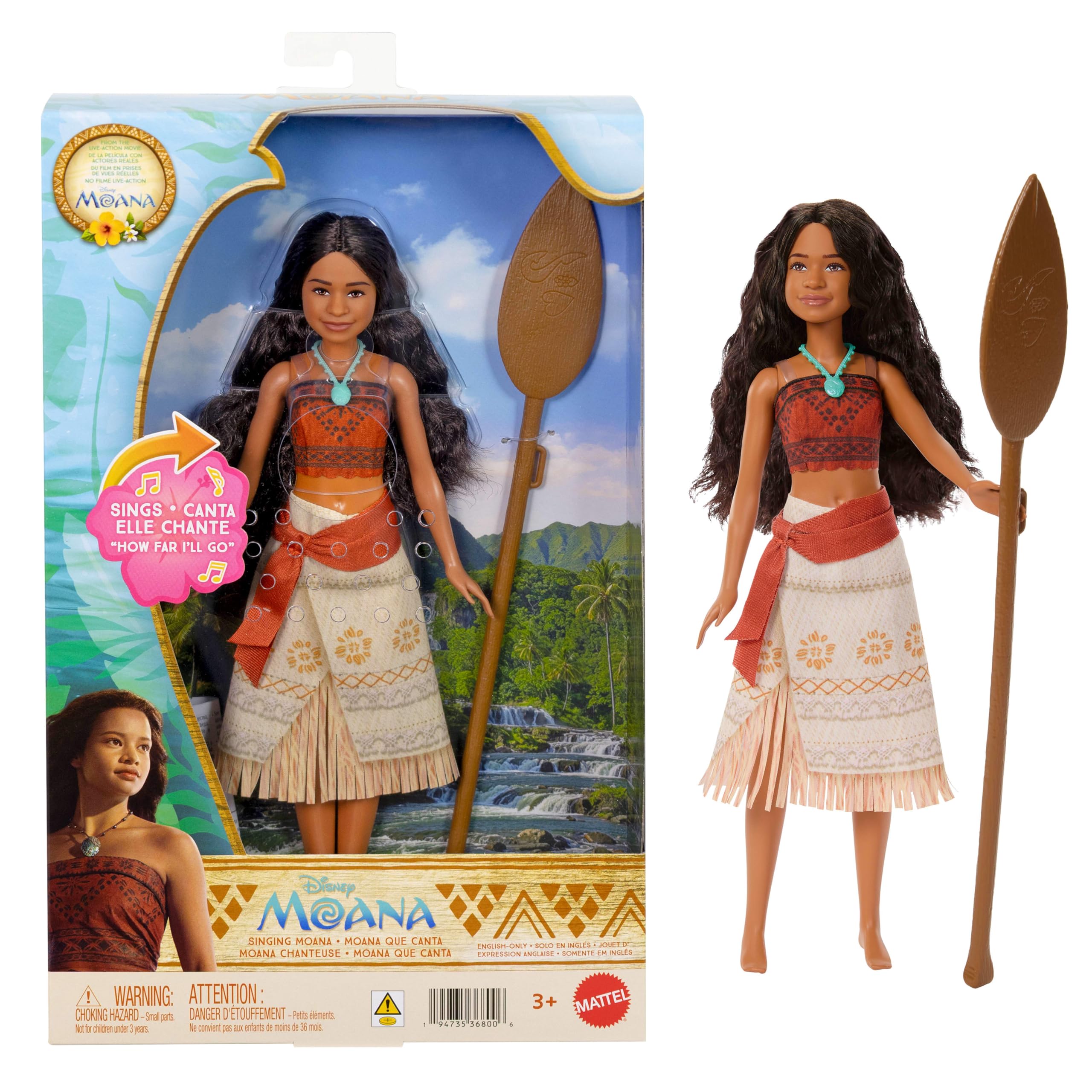​Mattel Disney Toys, Singing Moana Doll with Removable Signature Fashion & 2 Accessories, Sings “How Far I’ll Go” Inspired by Live Action Movie, JLP18