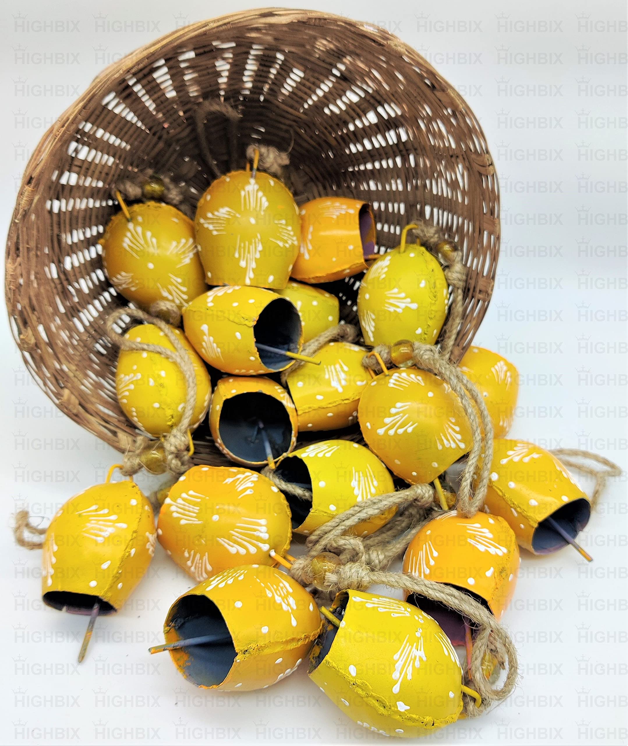 HIGHBIX 7cm Hand Painted Festive Décor Hanging Bells Set of 10 with Jute Bag Hand Painted (Yellow, 7cm) - Image 3 thumbnail
