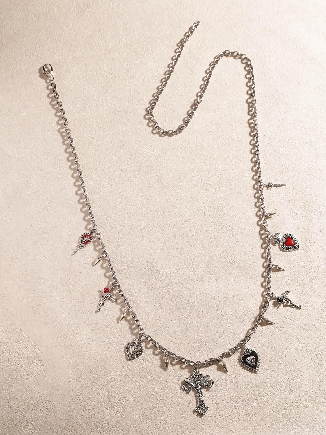 Sacina Silver-tone Cross Moth Heart Spike Chain belt, Waist Belly Chain, Gothic Goth Punk Grunge Emo Belt, Goth Accessories - Image 6