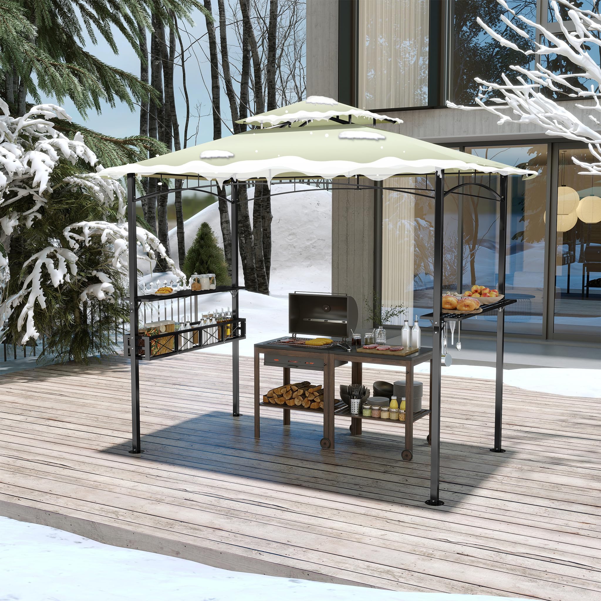 HENGMEI Grill Pavillon 2.45 x 1.53m, Grillpavillon Partyzelt Doppelstöckige Schutzabdeckung, Grillzelt Gartenpavillon Pergola mit Regalen und Ablagekörben für Party, Marktstand, Picknick (Beige)