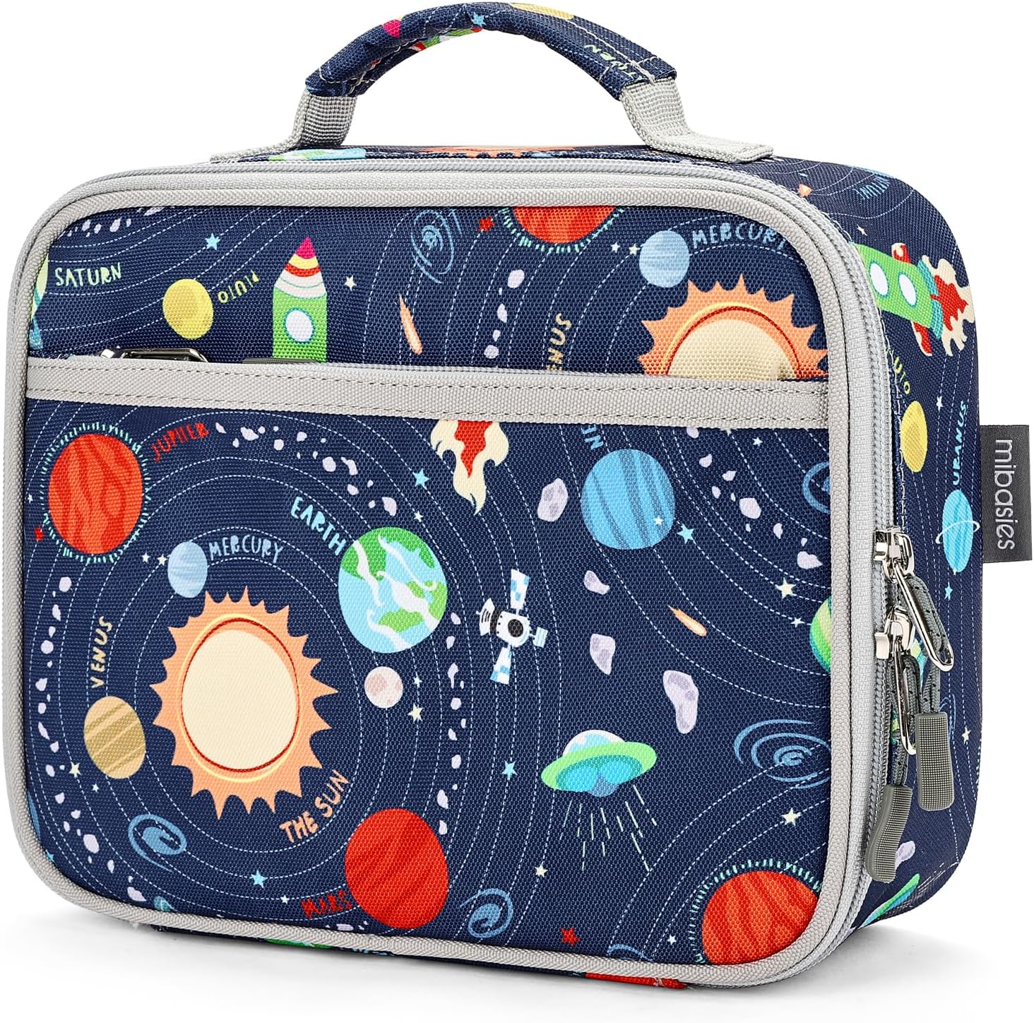 mibasies Kids Lunch Box for Boys Toddler, Insulated and Reusable Lunch Bag for School, Galaxy LightGray