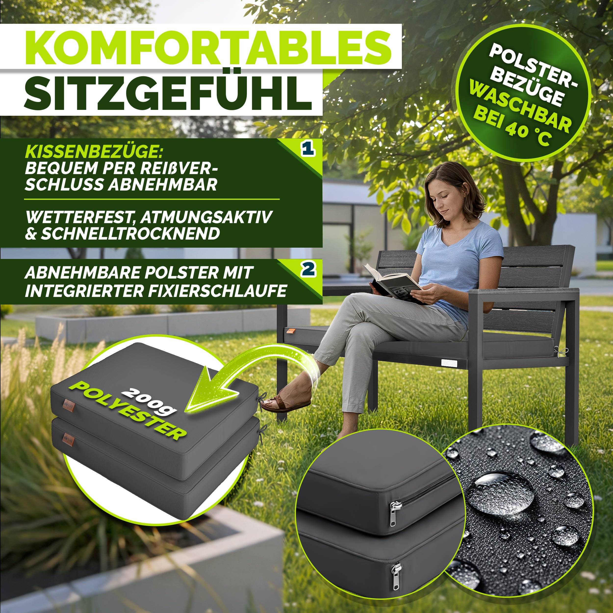 tillvex® Gartenbank Wetterfest 2-3 Sitzer mit Abdeckung & Kissen | Parkbank in Holzoptik bis 300kg belastbar UV-beständig | Sitzbank Garten Terrasse Balkon mit waschbarem Bezug