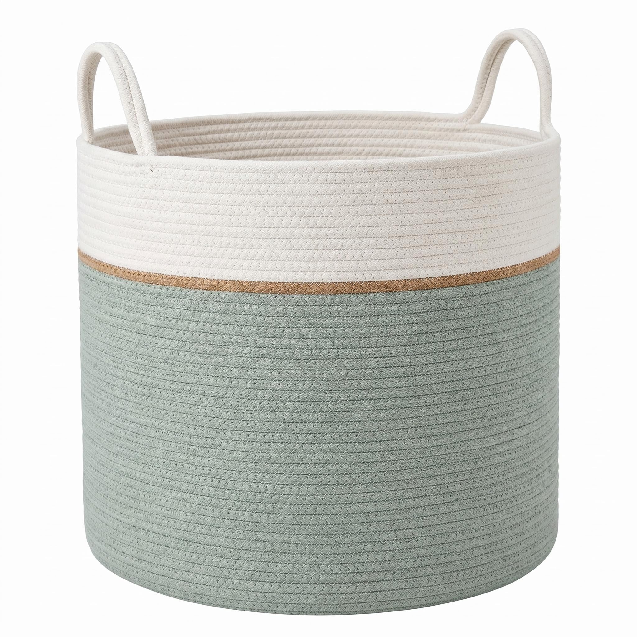 Large Cotton Rope Laundry Basket, Woven Storage Basket with Reinforced Handles, Foldable Toy Basket for Nursery, Blanket Basket Laundry Hamper for Living Room (Sage Green, (44L)40 * 40 * 35CM)