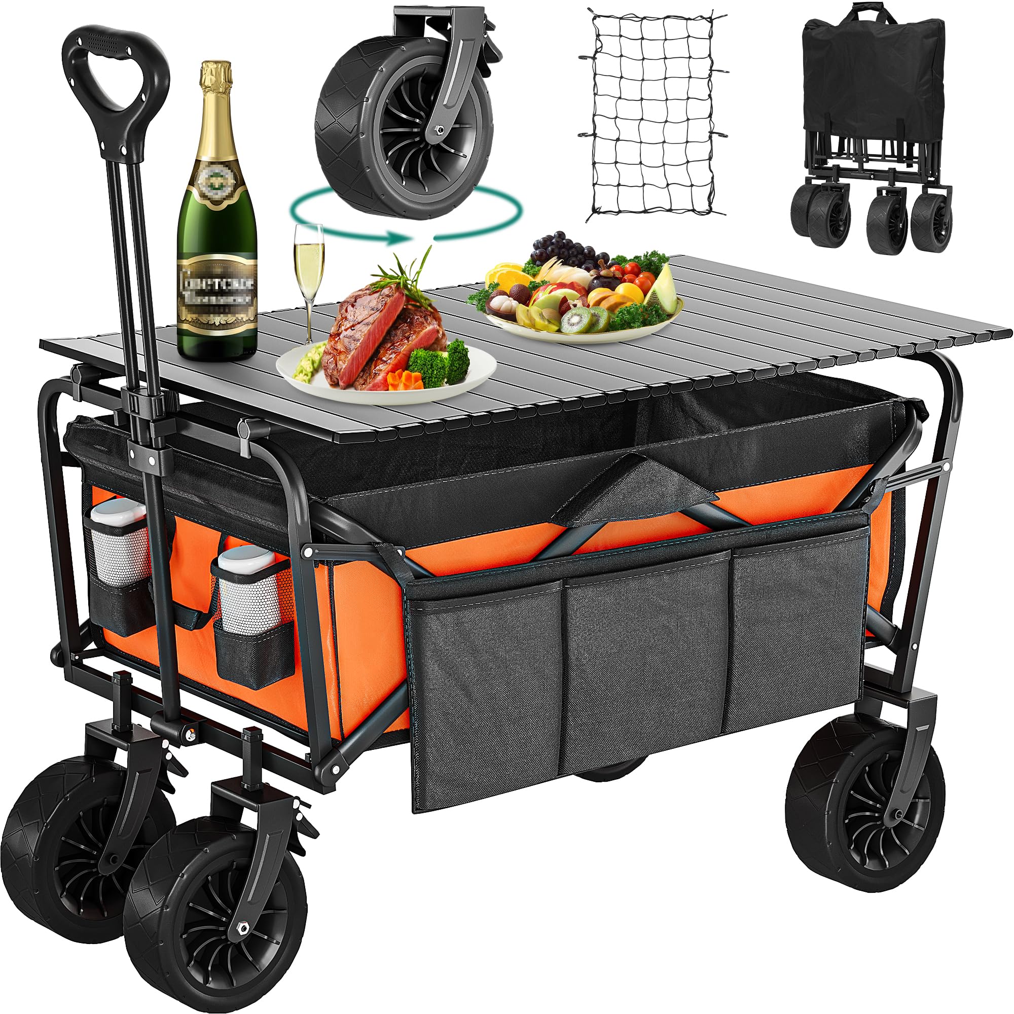 YITAHOME Carrito de Playa con Grandes Ruedas Universales, Carretilla Plegable con Mesa y 2 Portavasos Gran Capacidad 220lbs Altura del Mango Ajustable, Carro Camping para Jardín/Playa/Picnic (Naranja)