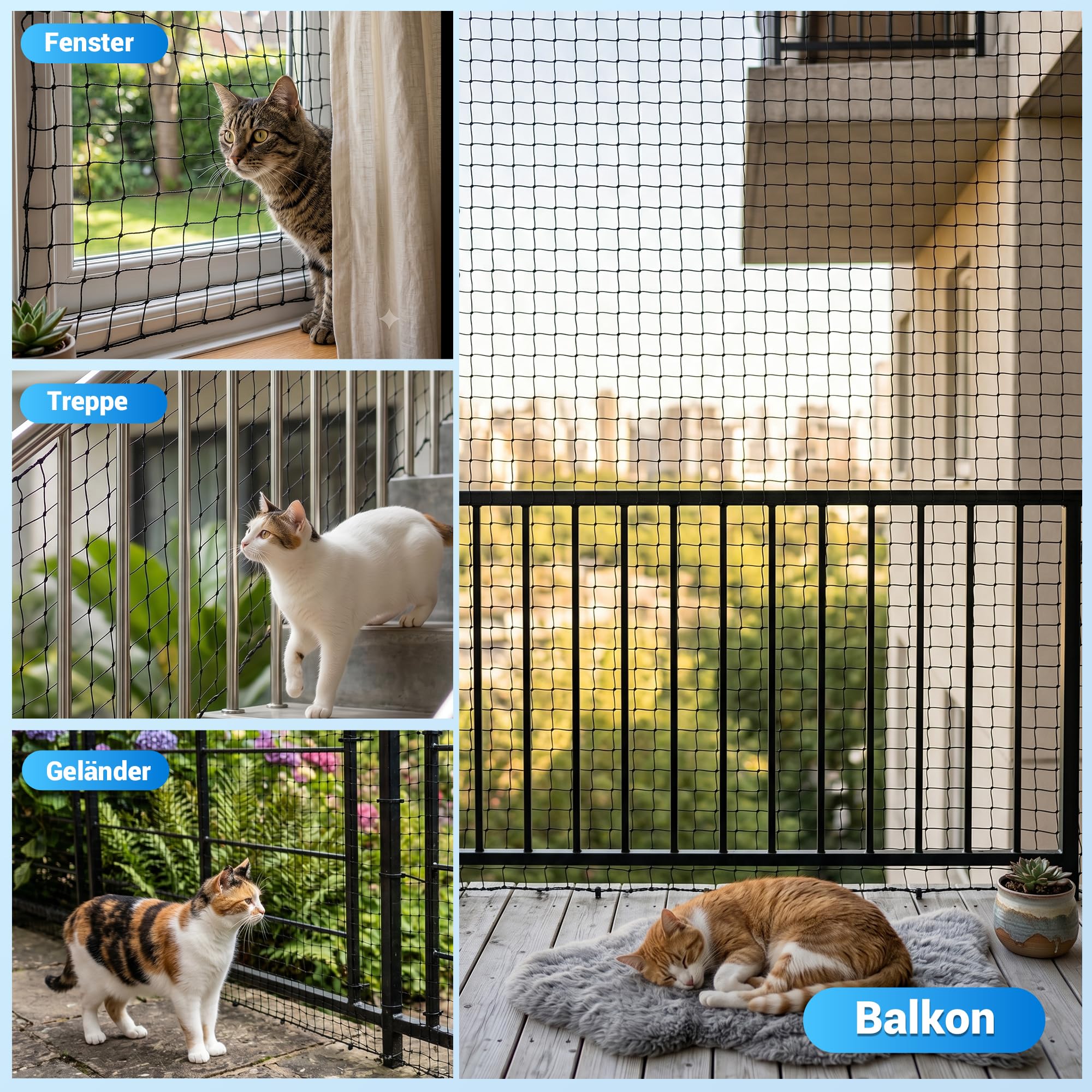 Siatka dla kota na balkon, 10 x 3 m, czarna siatka balkonowa z haczykami, opaski kablowe | Siatka ochronna dla kotów, siatka balkonowa dla kotów, bez wiercenia, na okno, taras, drzwi