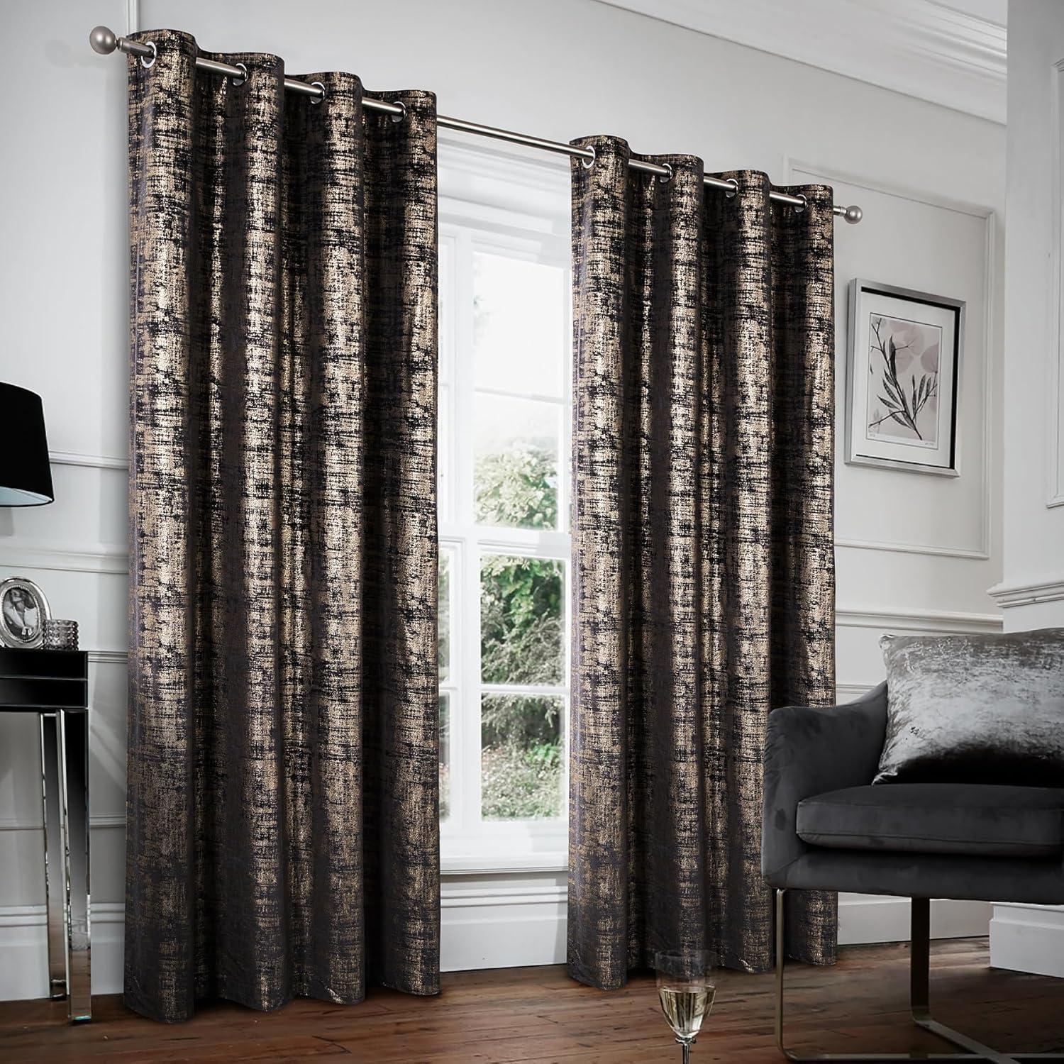 always4u 100% Blackout Without Lining Luxury Soft Velvet Curtains Gold Foil Print 52 * 95 Inch Curtains Thermal Insulated Noise Reducing Drapes for Bedroom Living Room Set of 2 Black