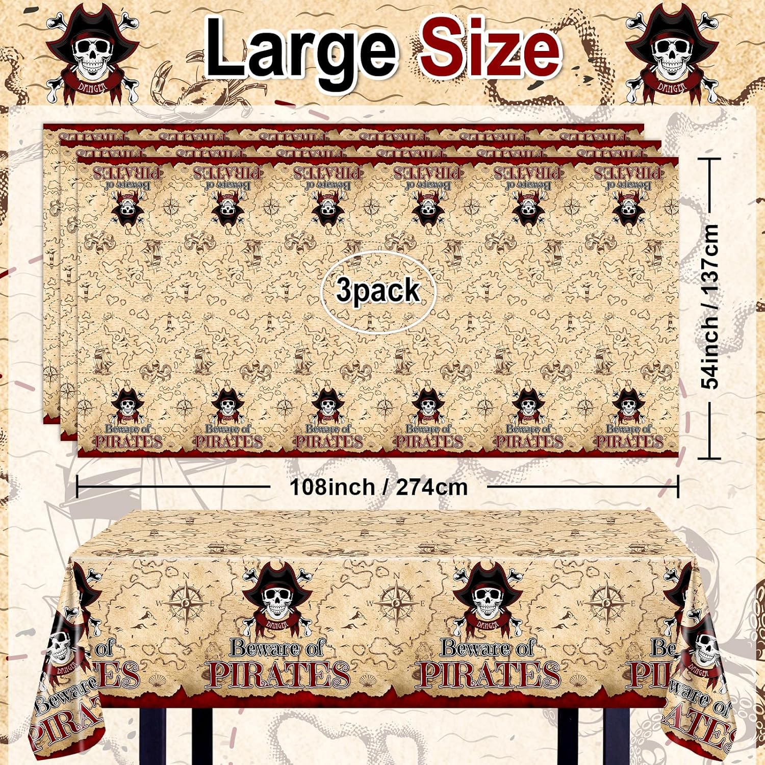 Avezano 3 pcs Pirate Halloween Decorations Pirate Tablecloths 108x54 inch Treasure Map Nautical Tablecover Plastic Rectangle for Kids Adults Birthday Party