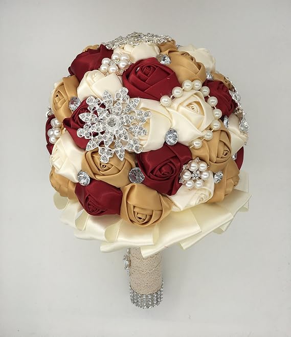 Wedding Bride Bridal Bouquet Brooch Bouquet Bridesmaid Valentine's Day Bouquet Confession (D453 Wine red+Golden)