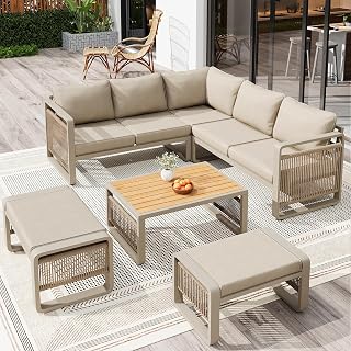6-7 Sitzer Gartensofa Set Outdoor, Gartenlounge Außen mit Dicke Sitzkissen, Geflochtene gartenmöbel Set mit Verstellbare Füße, für den Garten und Terrasse, Terrassenmöbel Wetterfest, Beige
