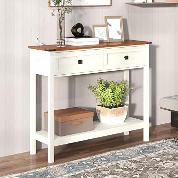 Farmhouse Console Table for Entryway 2-Drawer Storage Entry Table with Shelf | Multi-Purpose Sofa Table/Hallway Table/Entrance Table | Tool-Free Assembly in 30 Mins Antique White