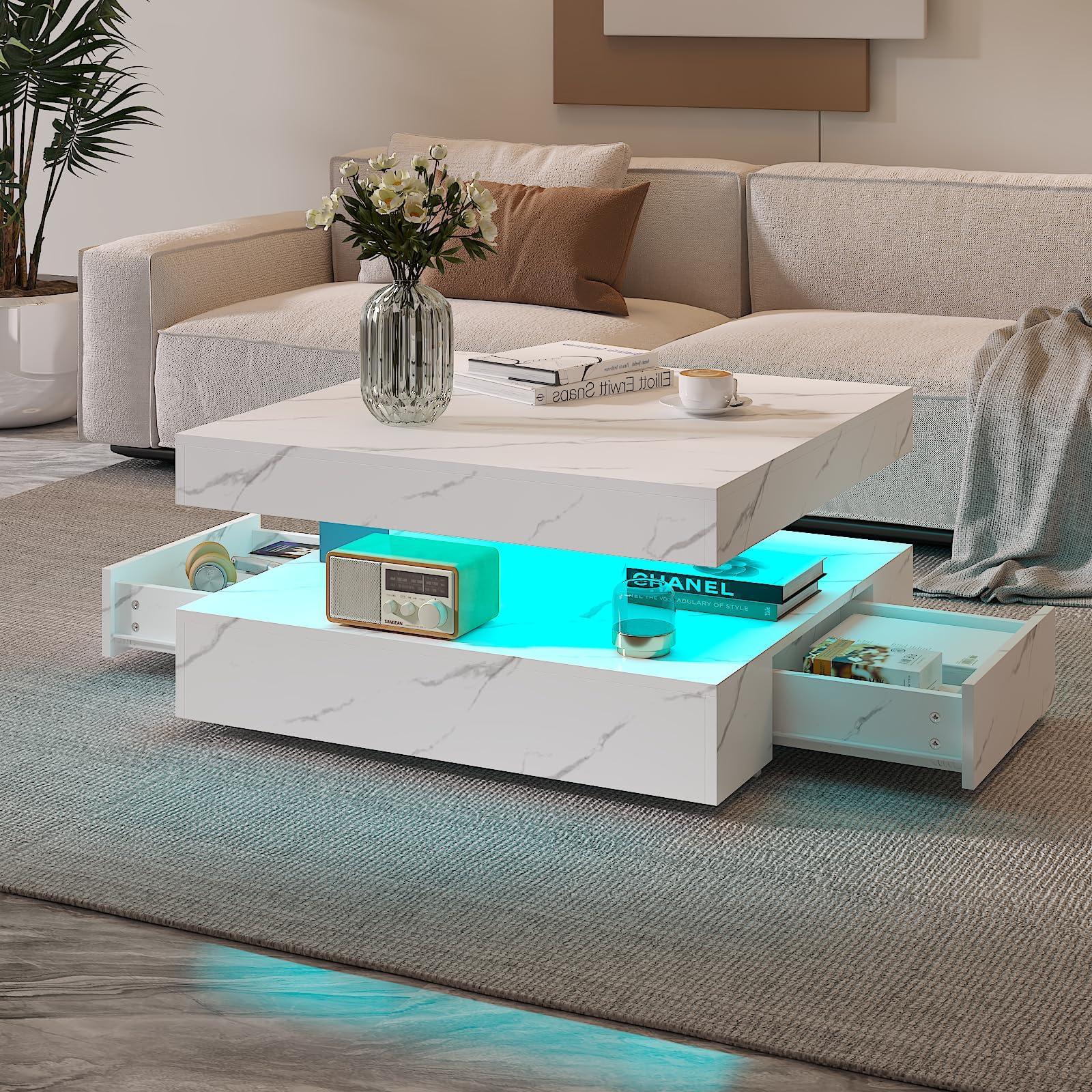 White Marble LED Coffee Table with 2 Storage Drawers for Living Room Square Center Middle Table Modern Cocktail Table with Light 2-Tier Tea Tables Contemporary Mid Century Wood Home Office