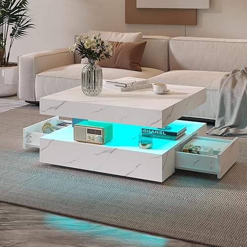 Miniatura 24 de Mesa de café LED negra para sala de estar, mesa cuadrada de sala de estar con almacenamiento, mesa central de madera moderna de alto brillo con