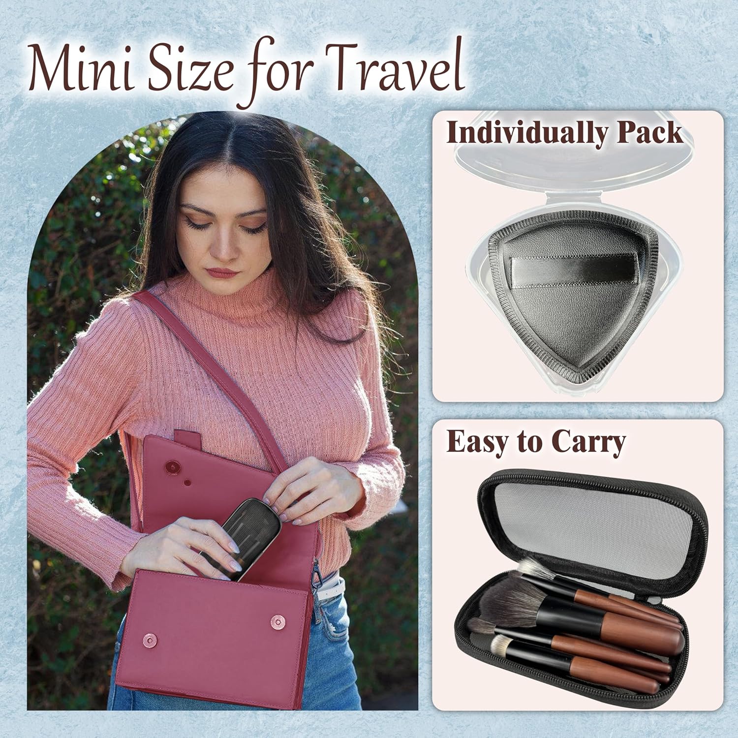 Travel Makeup Brush Set with Case, Mini Makeup Brushes Set for Powder, Foundation, Eyeshadow, Lip, Highlight, Blush & Concealer, 10 Pcs Travel Size Makeup Brushes & 2Pcs Triangle Powder Puff