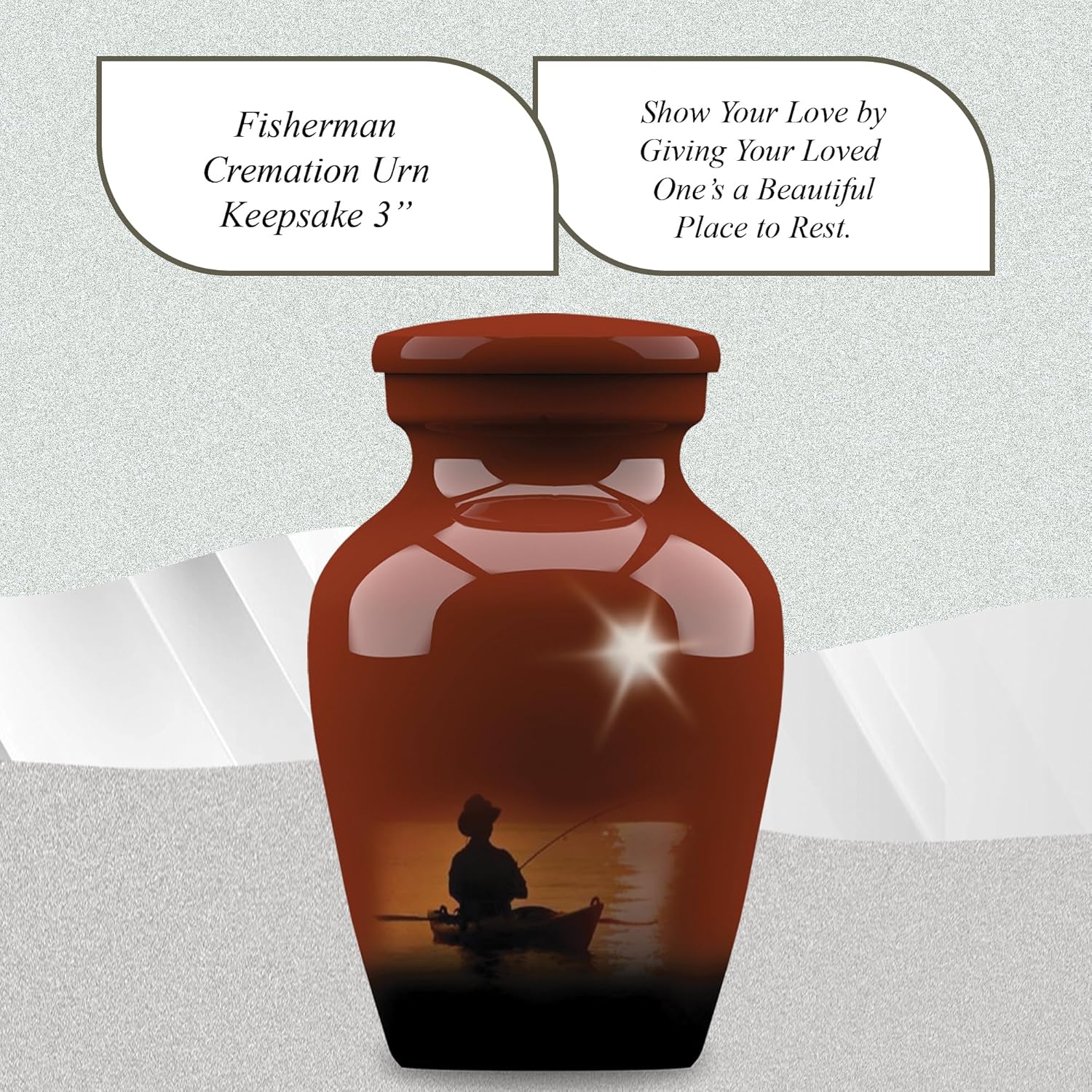 Forever URNS - Mini Urn for Ashes Adult Male & Female | Memorial Gifts, Ashes Keepsake l Aluminium Metal with Fishing Man Design | Velvet Protection Box | Handcrafted Memorial Box for Funeral, 3 cu in