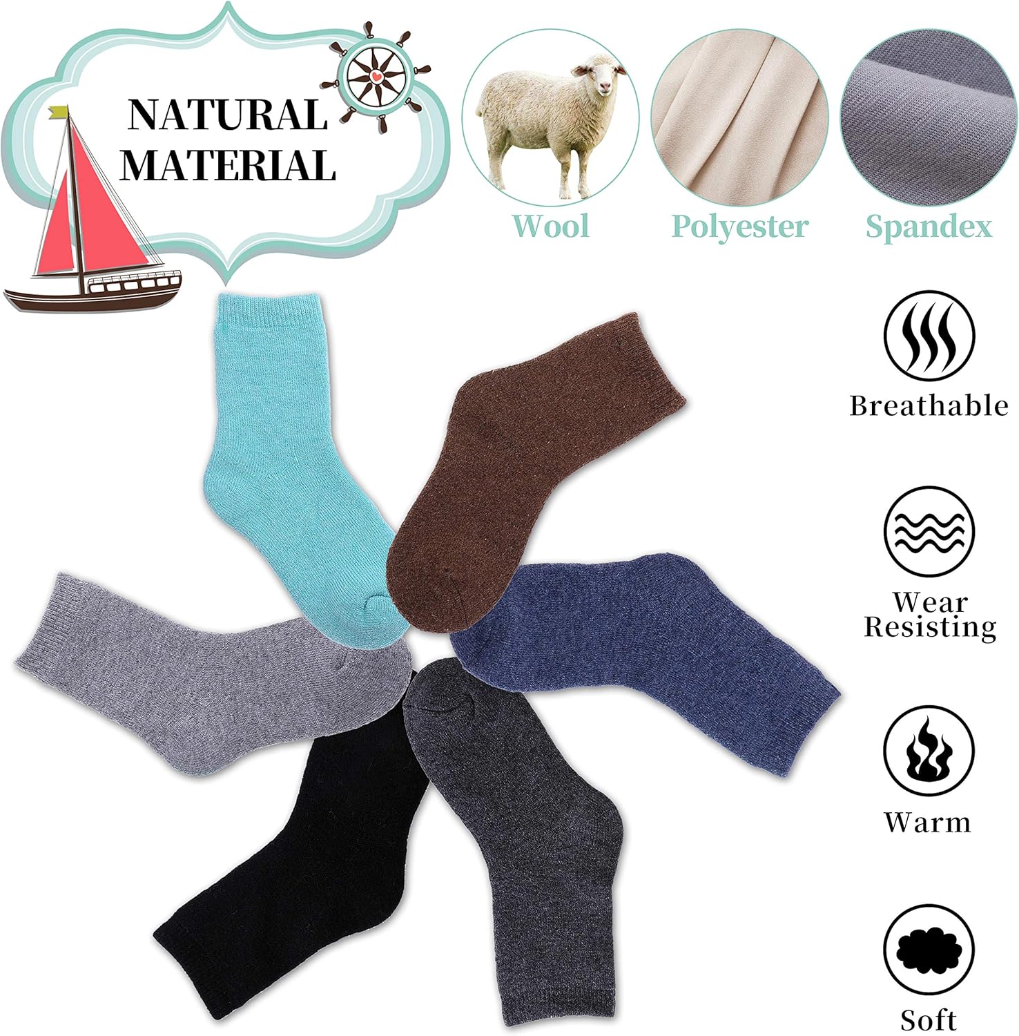 LANLEO Kids Wool Socks For Toddlers Boys Girls Hiking Winter Warm Cozy Thick Heavy Thermal Crew Boot Socks 6 Pairs - Image 3