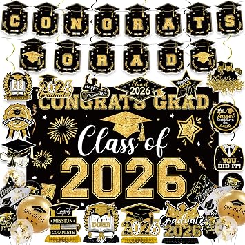 Graduation Decorations 2026 Black Gold Themed Set Included Congrats Grad Banner, Class of 2026 Backdrop, Hanging Swirls Honeycomb Centerpieces Balloons for Grad Party Decorations