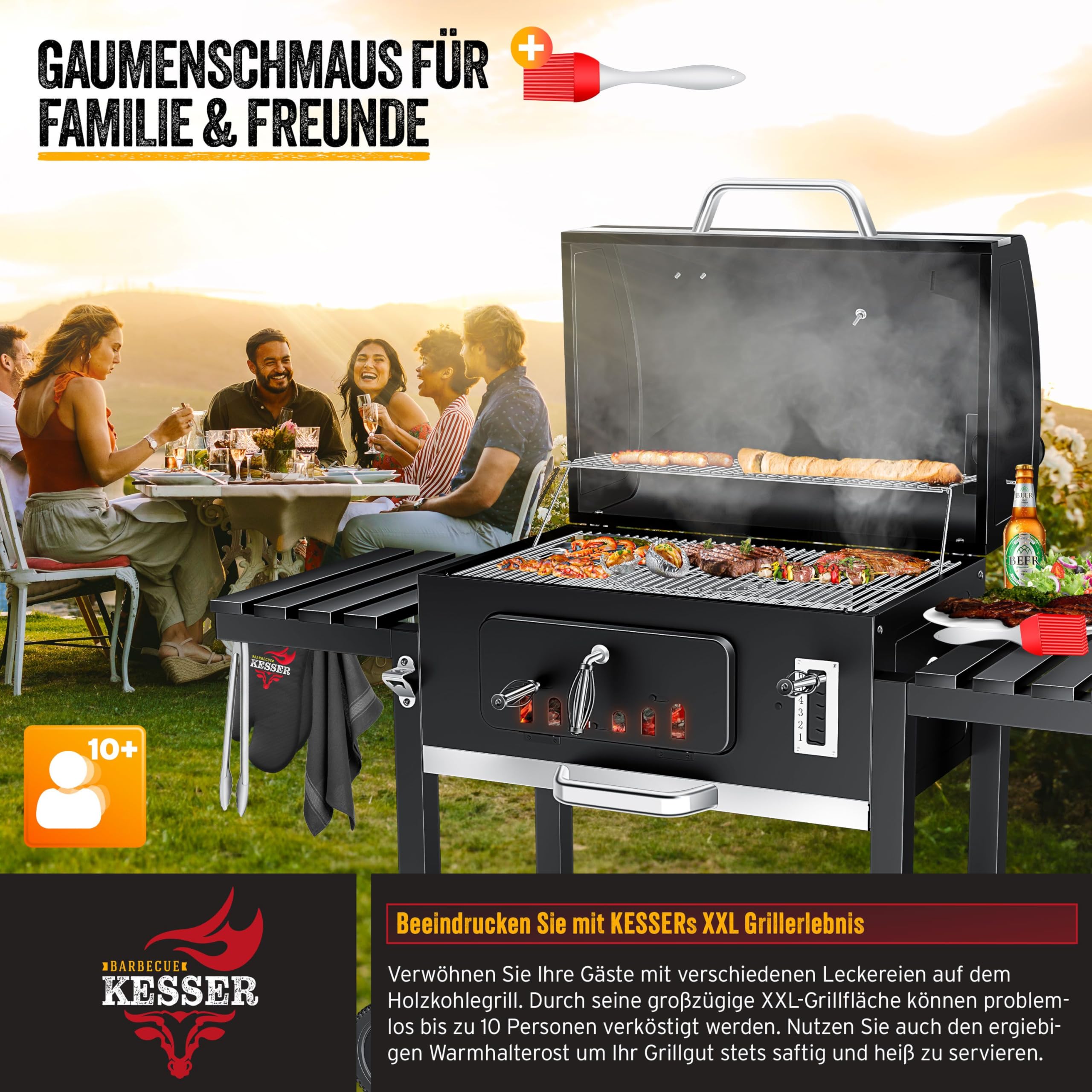KESSER® Parilla de Carbón con Carrito Grill con Tapa, Ruedas, Mango de Acero Inoxidable | Barbacoa y Termómetro Carbón Grande BBQ Asador Camping, Terraza, Jardín XXL Negro