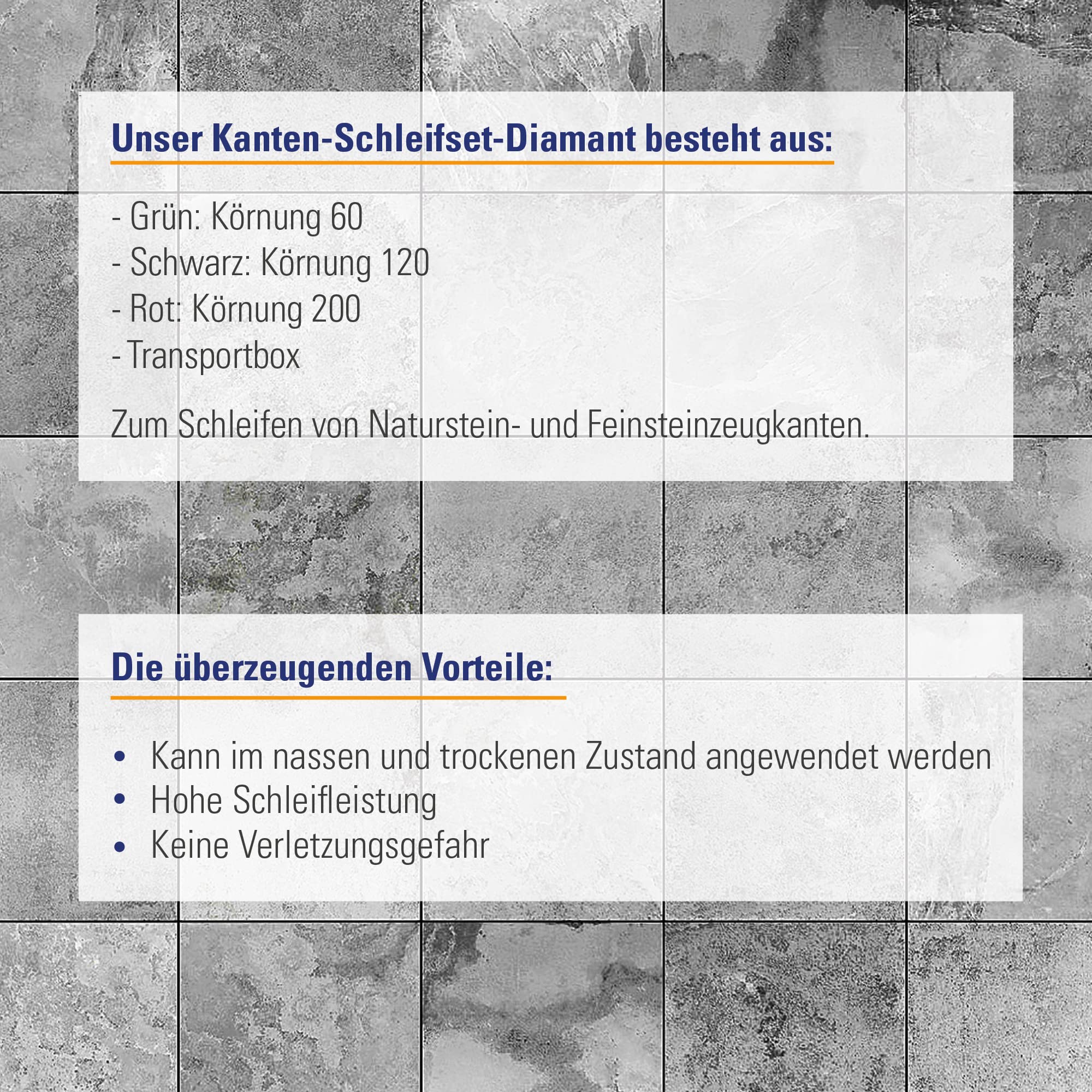 Karl Dahm Schleifset Diamant, Körnung 60 – 200 I Profi-Handschleifer-Set zum Brechen und Schleifen von Naturstein und Feinsteinzeug – 50279