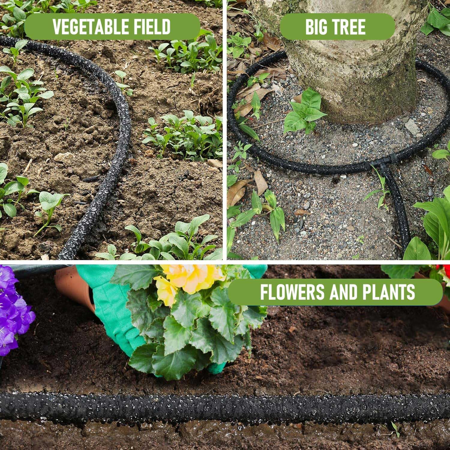 Tubo de manguera de remojo de 1/4 pulgadas para riego por goteo, manguera de riego de 100 pies con varios accesorios, riego por goteo de goma de mayor duración, ahorra un 70% de agua para jardín y