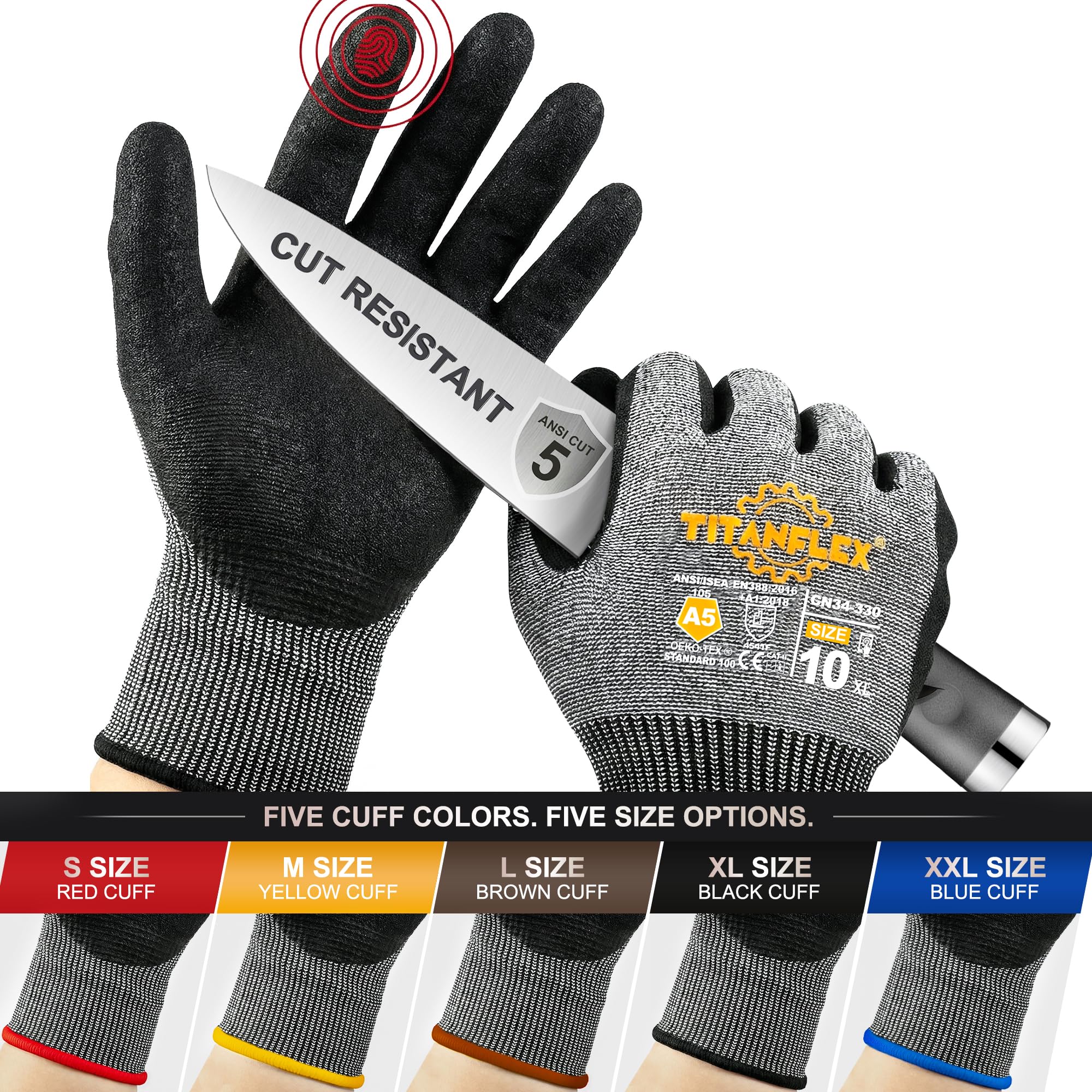 TitanFlex Guantes de trabajo ANSI A5 resistentes a los cortes, agarre antideslizante de nitrilo arenoso, ajuste cómodo 3D, transpirables y duraderos, compatibles con pantalla táctil, lavables a