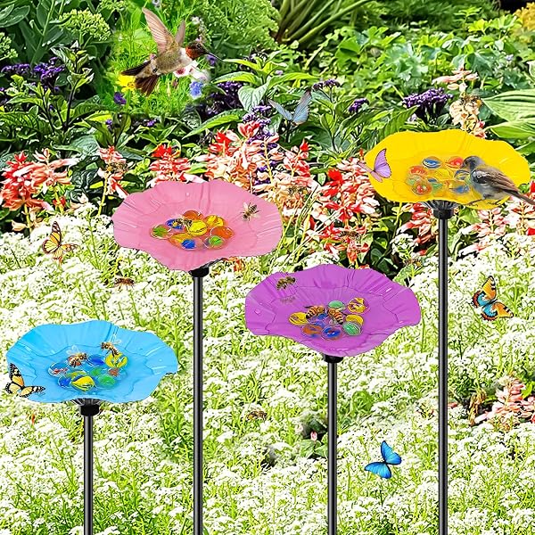 4 Pack Bee Watering Station for Garden, Metal Bee Butterfly Feeder with 40Pcs Glass Marbles, Colorful Butterfly Bee Bath Water Bowl with Flower Design (4 PCS-Blue & Yellow & Pink & Purple) - 1