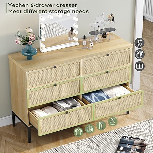 Miniatura 3 de Yechen Cómoda moderna de 6 cajones con cajones de ratán natural, doble cómoda de madera industrial para dormitorio con patas de acero resistentes,