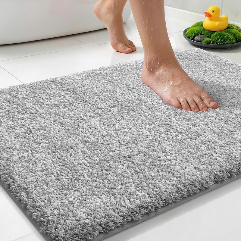 Yimobra Alfombra de baño acolchada antifatiga, alfombra de baño antideslizante, lavable, microfibra suave y densa para lavabo, ducha, pies cansados, absorbente, 24.0 x 16.9 in, gris y blanco