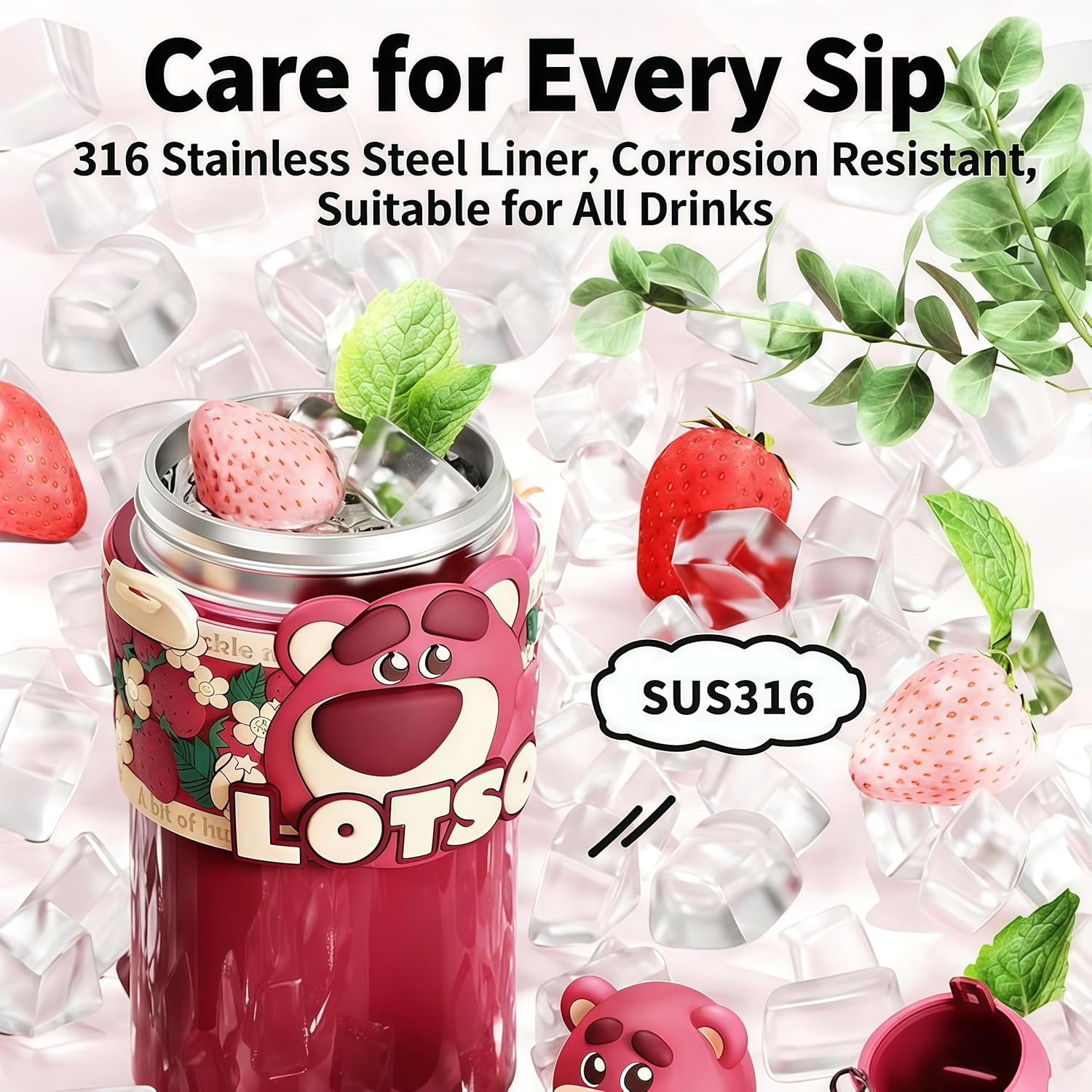 MINISO Disney Lotso Bear Double-head Insulated Cup, Cute and Exquisite, Ideal for Collection and Gifting as Birthday or Easter Presents (Pink)