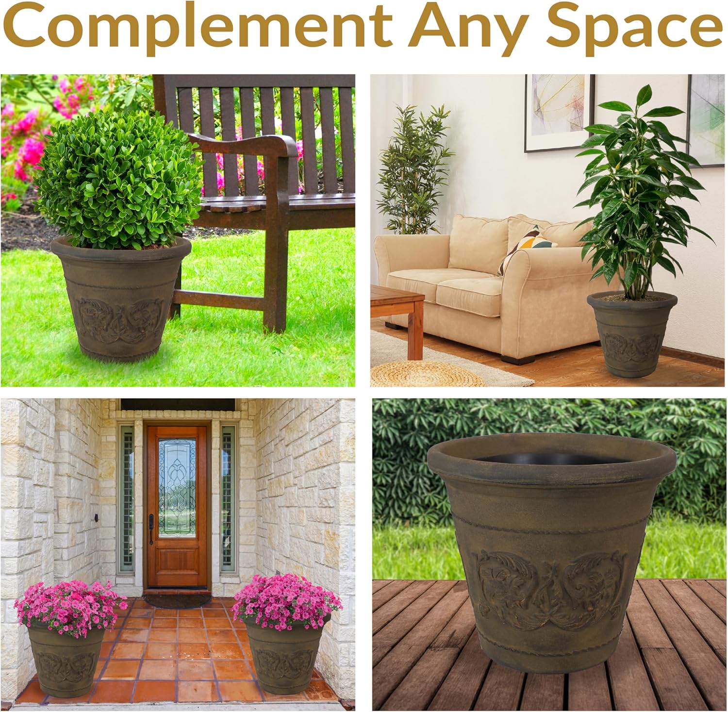 Sunnydaze 19.5-Inch Arabella Large Plastic Pot for Plants - Outdoor Double-Walled Polyresin Large Plastic Planter with Drillable Drainage Holes - Sable