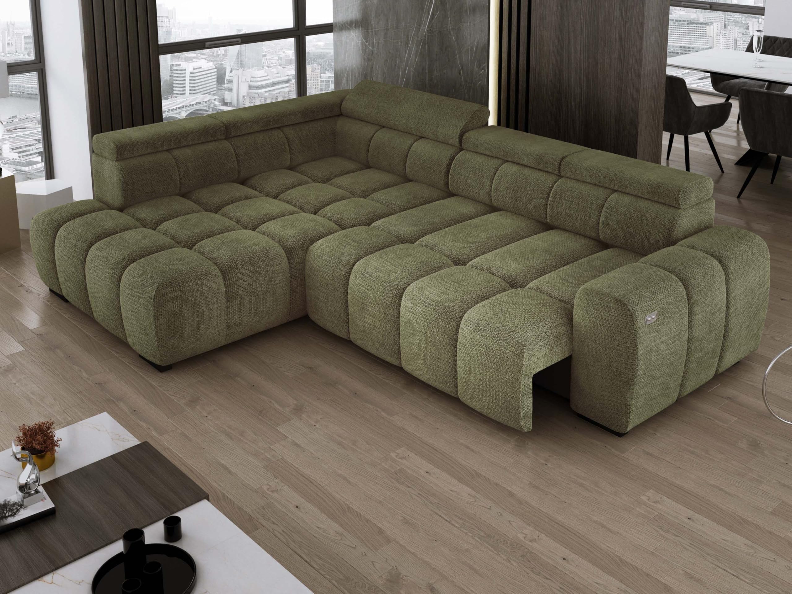 DomoHome Freistehend Ecksofa Ombo 297x137cm, L-Form, GRÜN mit Schlaffunktion 125x193cm, Sofa mit Verstellbarer Rückenlehne, Strukturstoff Eden, Verstellbare Kopfstütze