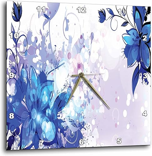 Reloj de pared con diseño de flores azules rosas en 3D sobre un fondo blanco y lavanda Bokeh, 10" x 10"