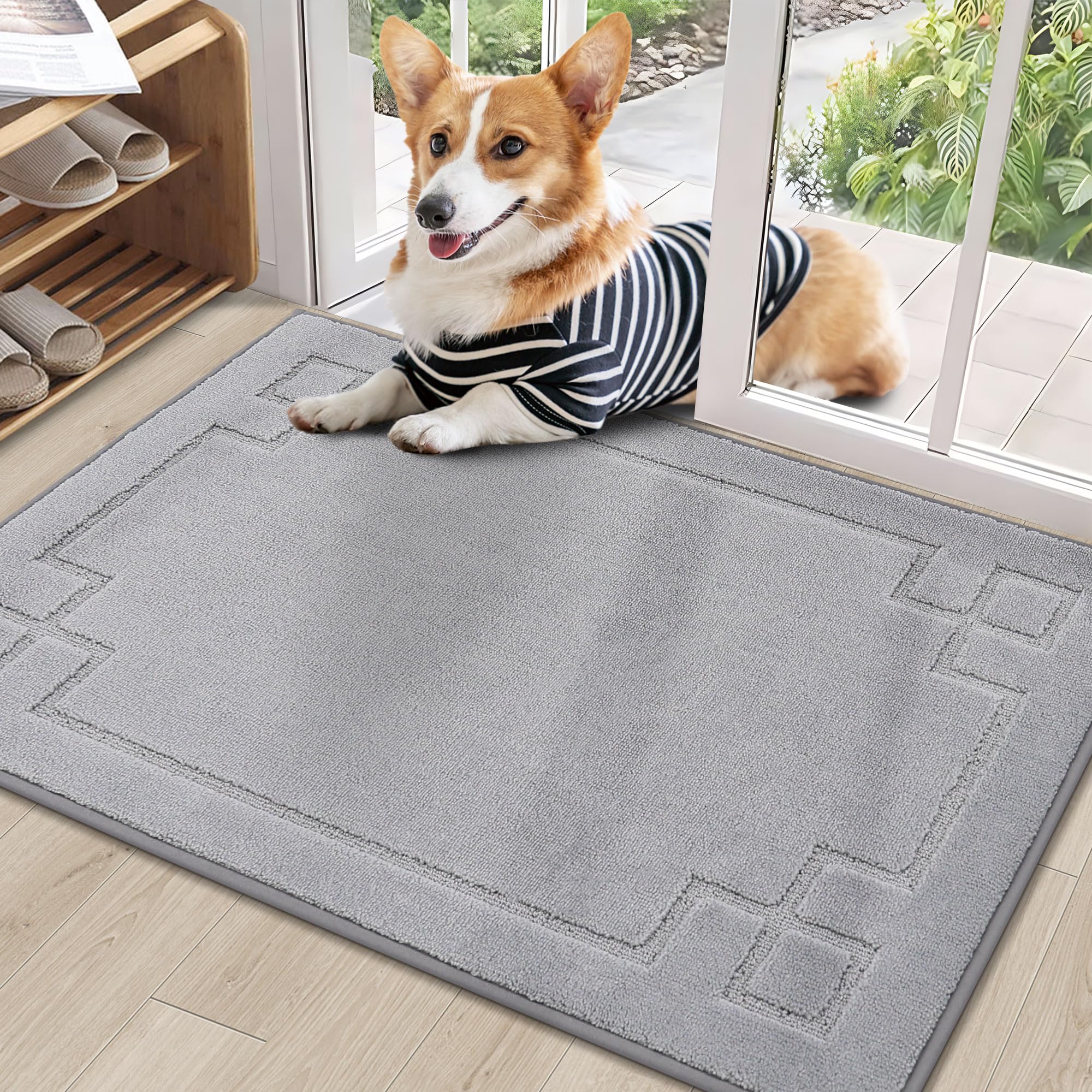 BEQHAUSE Door Mat Indoor, 60 * 90 cm Floor Mats, Non-Slip Indoor Mat Suitable for Front and Rear Doors, Entrances, Corridors, Dirt-Hiding and Washable, Light Grey