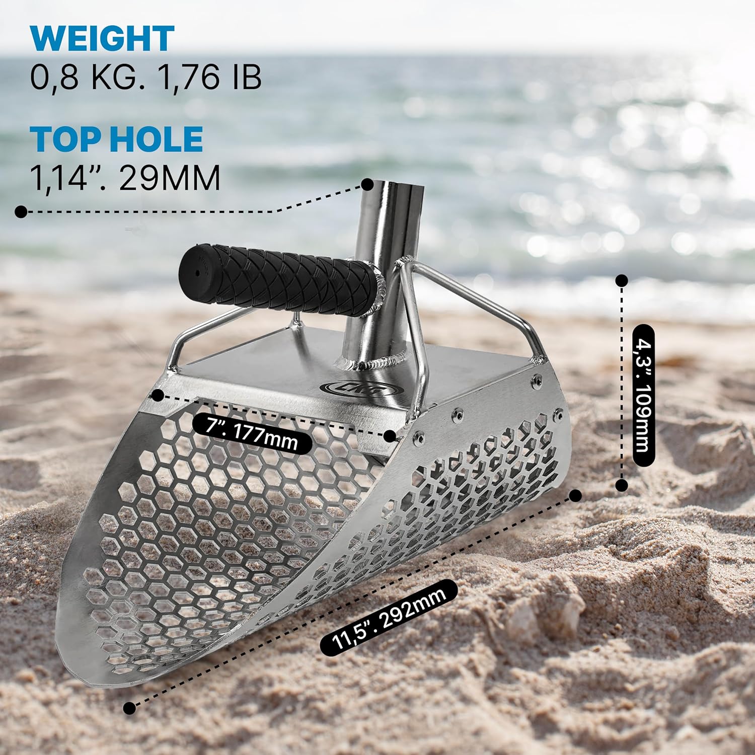CKG Sand Scoops for Beach Metal Detecting Stainless Steel Beach Metal Detecting Shovel Underwater Treasure Hunting, Metal Detector Accessories(Bag + Scoop + Carbon Fiber Handle), (11x7 + Handle)