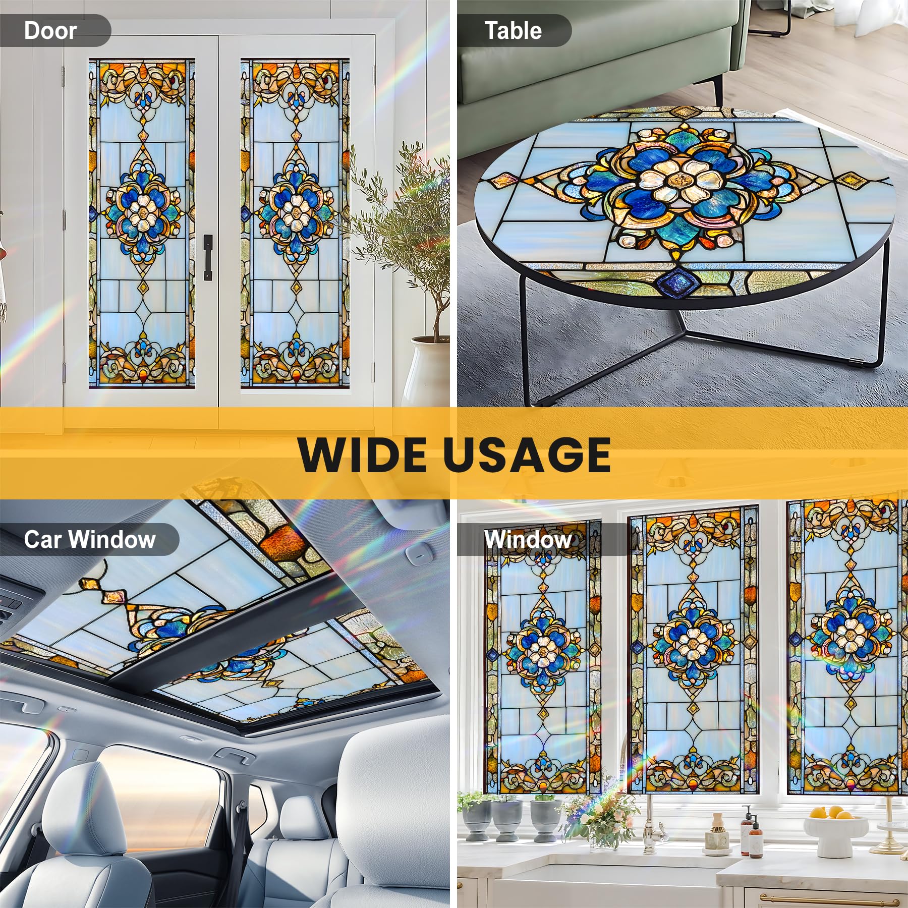 Window Privacy Film, Stunning Sun and Landscape Stained - Glass Mosaic Design, Non - Adhesive Glass Window Covering, Vibrant Summer Decor (H3742)