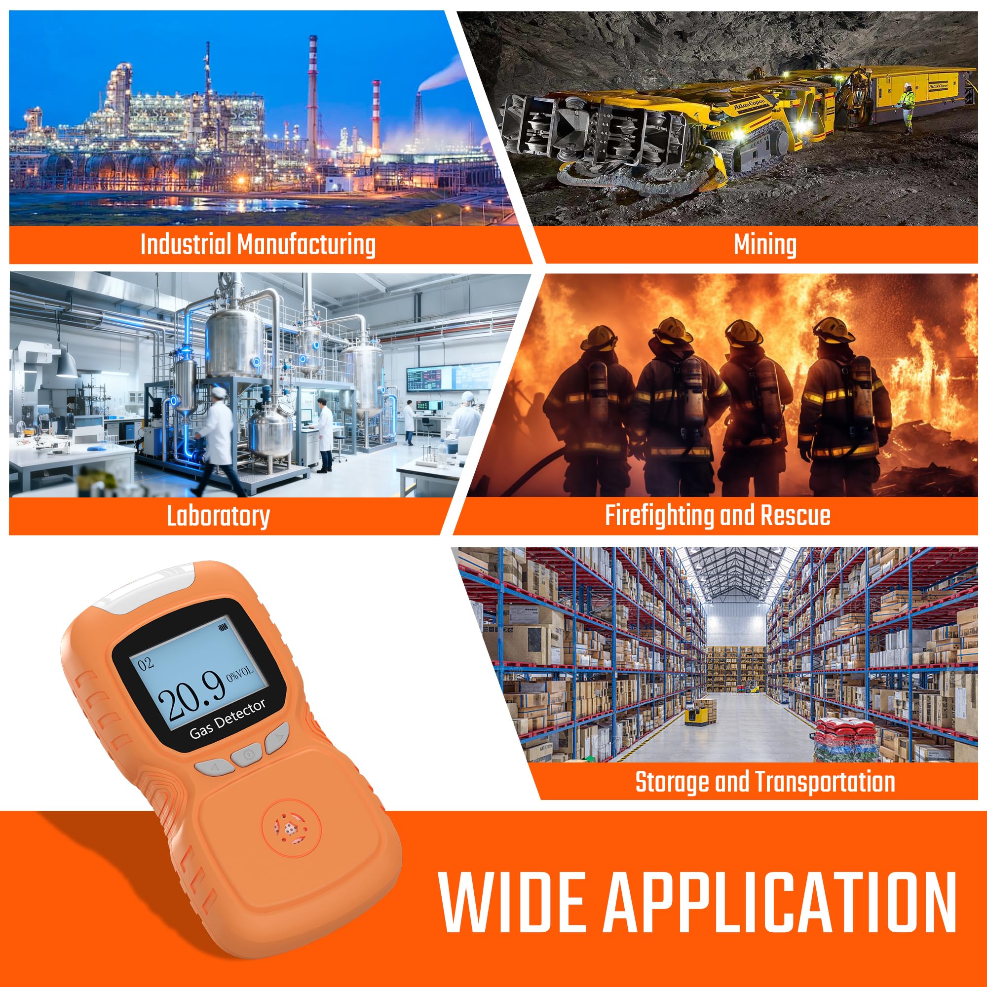 Detector de oxígeno portátil, monitor de gas 0-30% VOL O2, respuesta rápida de 0,5 s, medidor de oxígeno recargable con alarmas de vibración, luz y sonido, a prueba de polvo y explosiones (naranja)