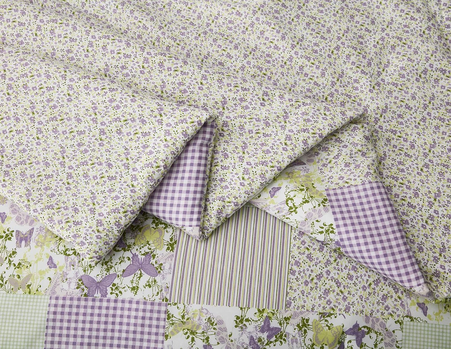 Chezmoi Collection Daisy 3-Piece Printed Patchwork Comforter Set - Purple Butterfly Botanical Candy Stripe Checkered - Microfiber Lightweight Reversible Bedding, Full Size - Image 5