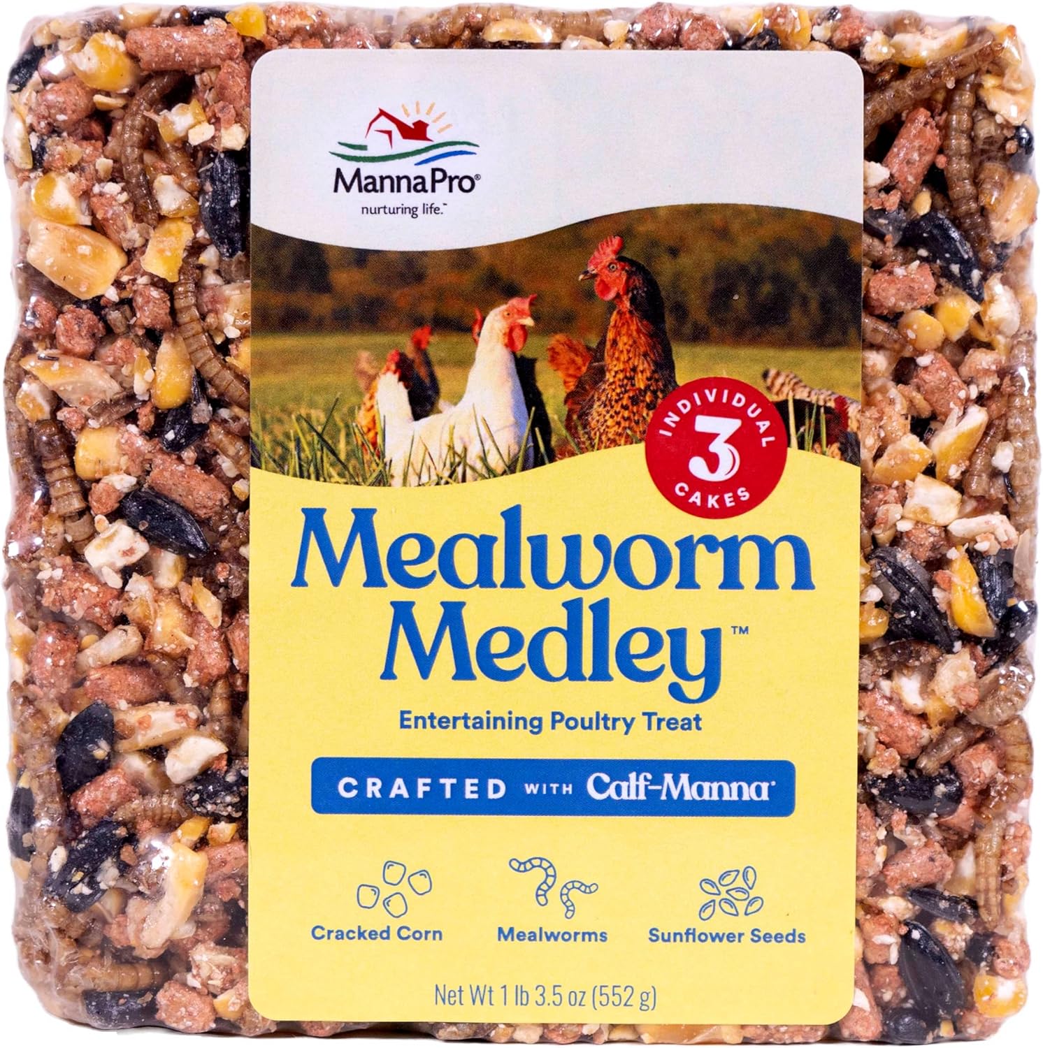 Manna Pro Mealworm Medley Cake - High-Protein Chicken Treats for Chickens, Turkeys & Backyard Birds, 19.5 oz 3-Pack