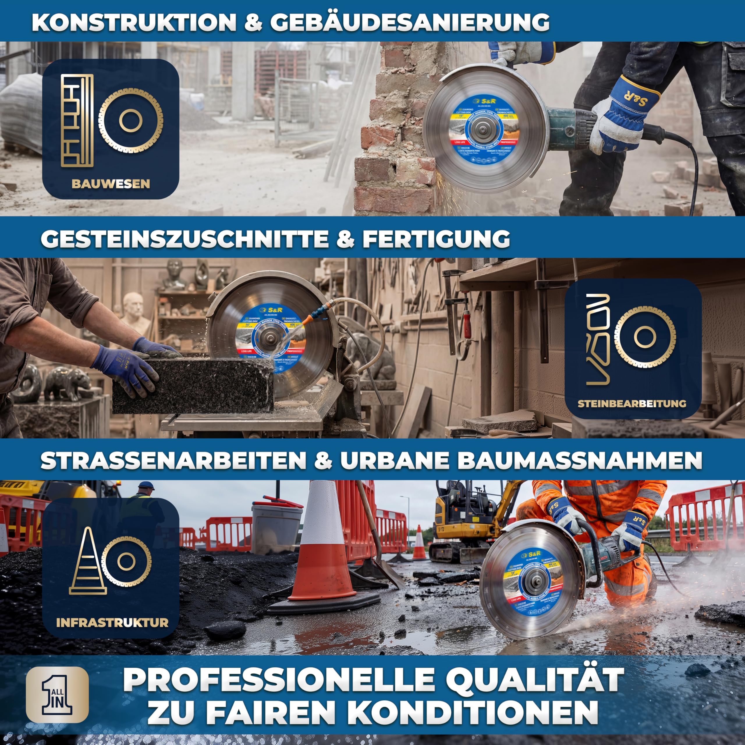 S&R Diamanttrennscheibe 400 x 25.4 x 3.0 x 10 mm in Industrie-Qualität, Diamant-Trennscheibe für Naturstein, Kunststein, Sandstein, Hartziegel, für Motortrennsägen und Tischsägen