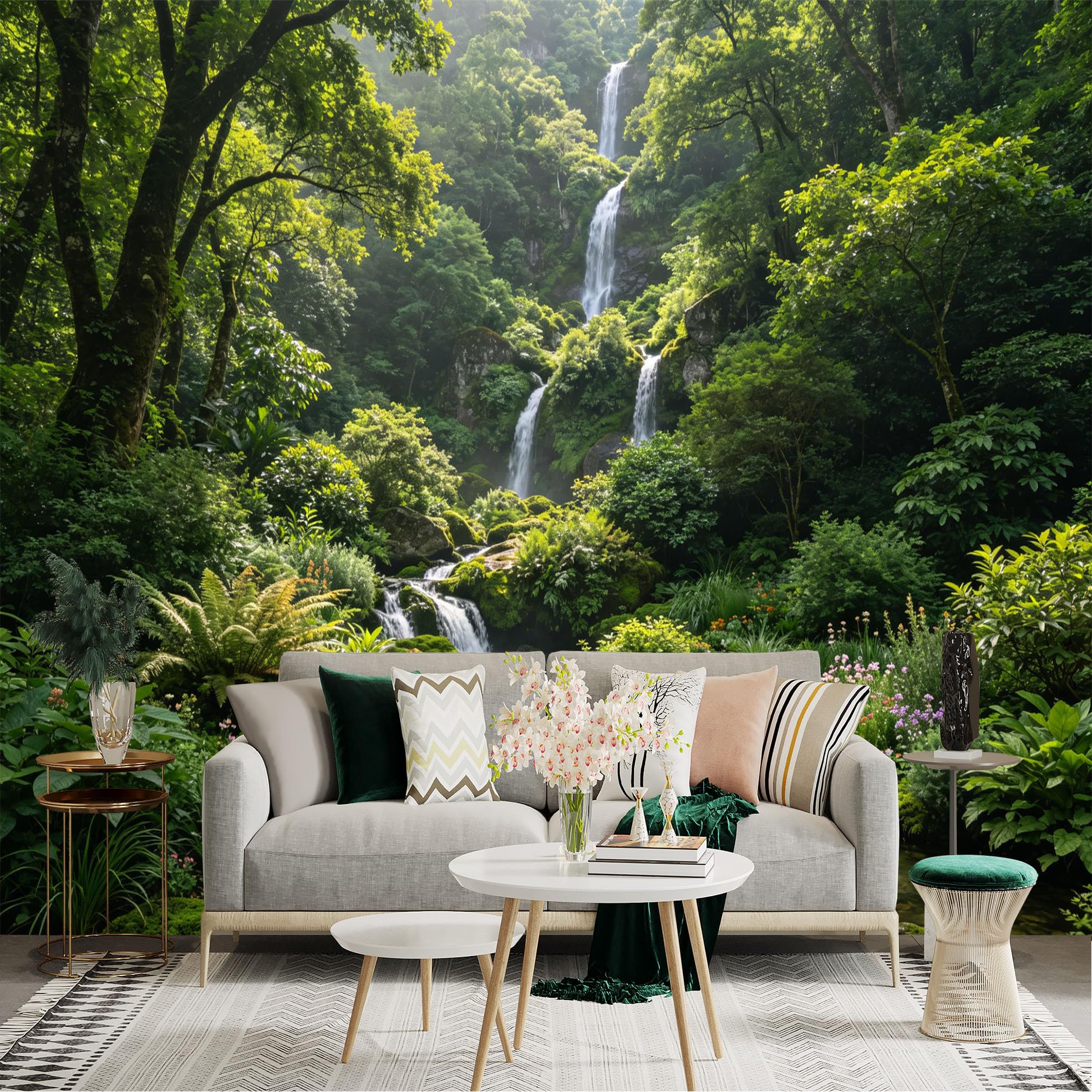 Lnzczhyre Dbh260521550 Custom Size Wall Sticker Mural， Enchanting Tropical Forest Waterfall， Lush Mossy Stream Landscape， Vibrant Botanical Scenery， For Wall Decoration， Peelandstick Wall Decals.